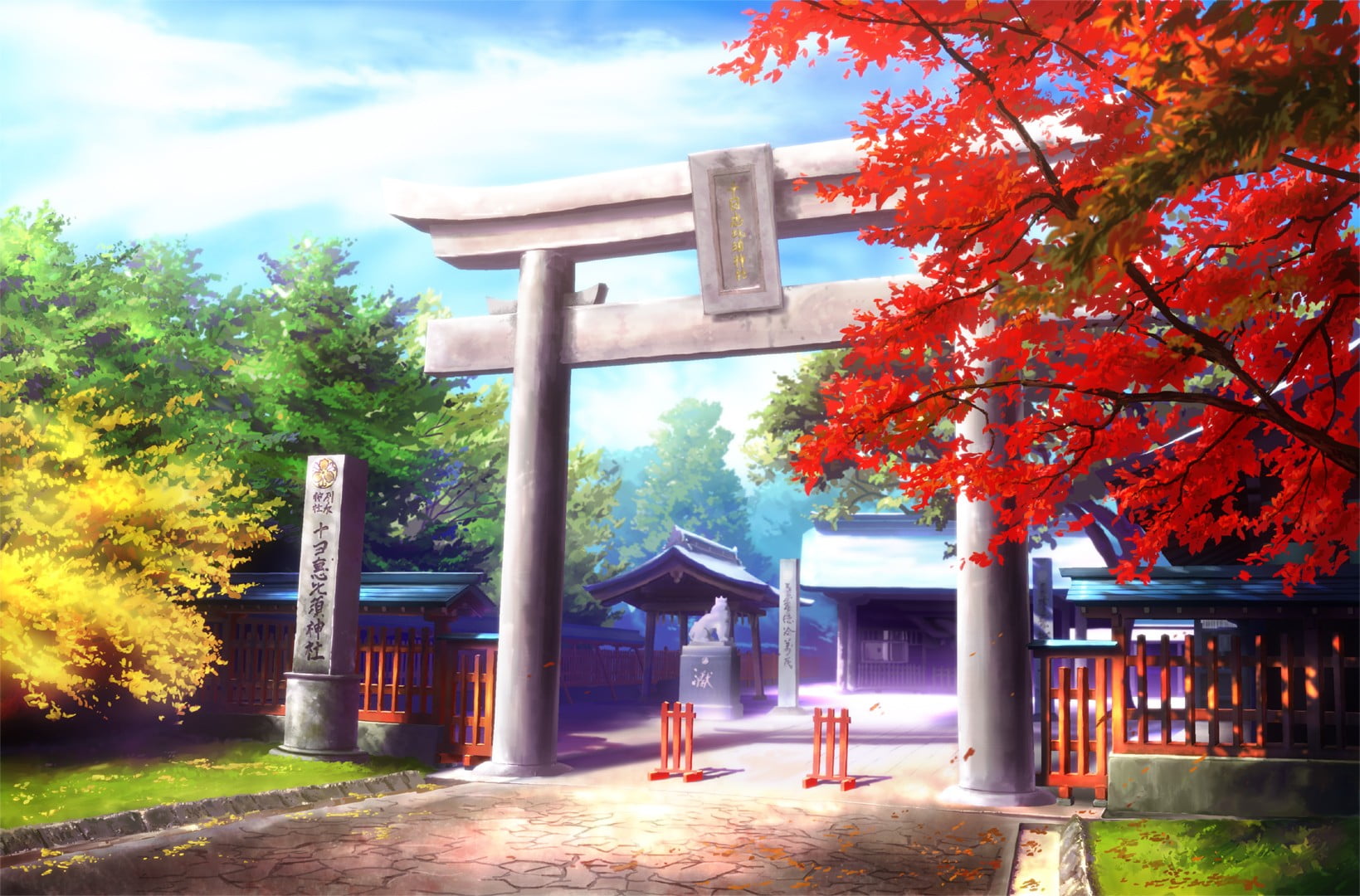 gray torii gate illustration anime landscape tree plant built structure 2k