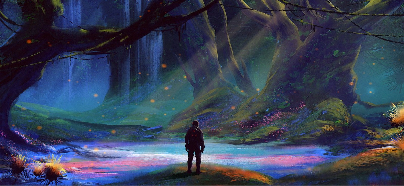 person standing in front of lake painting artwork fantasy art 2k