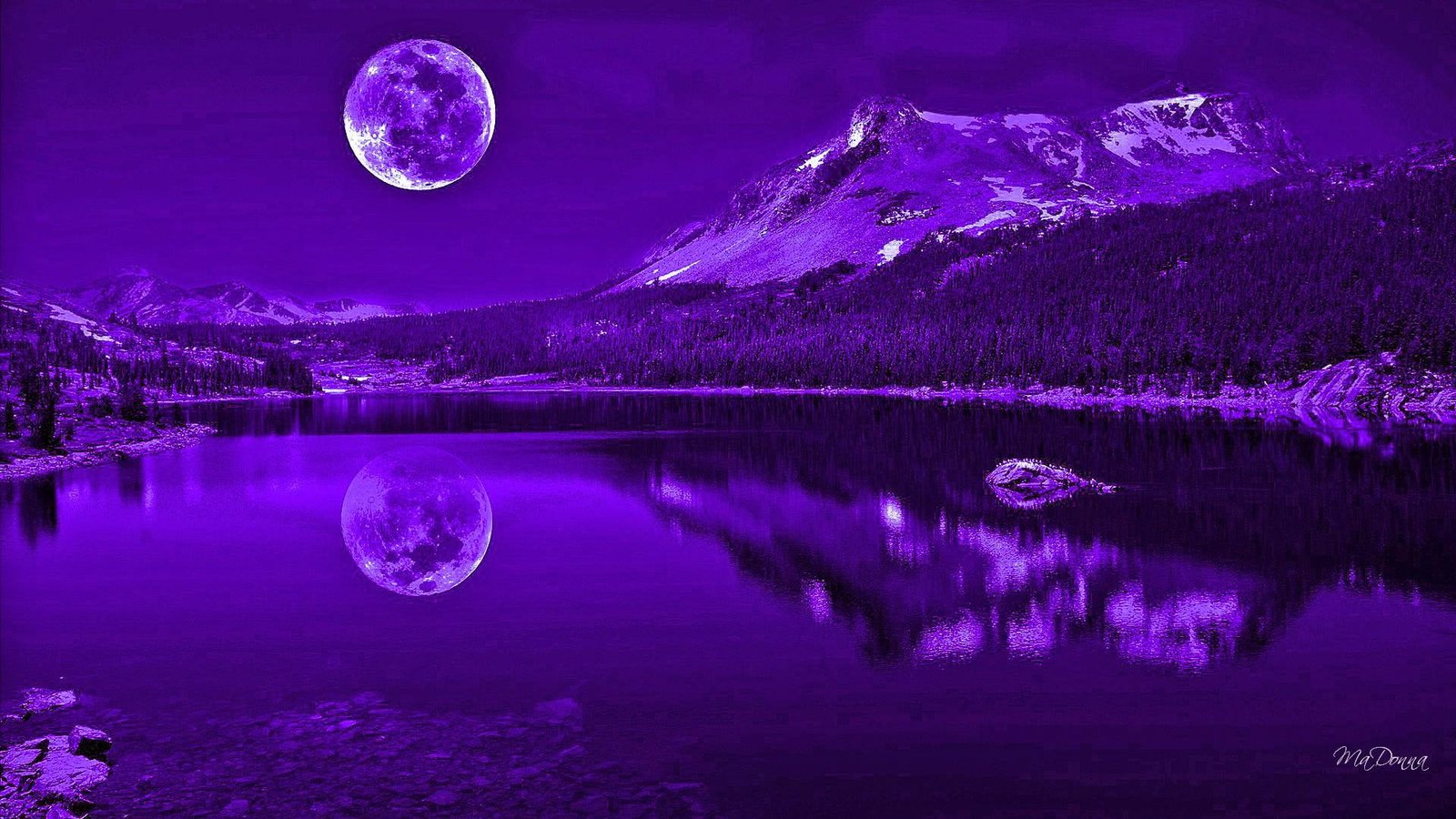 Purple Nights Reflection full moon mysterious lake mountains 2k