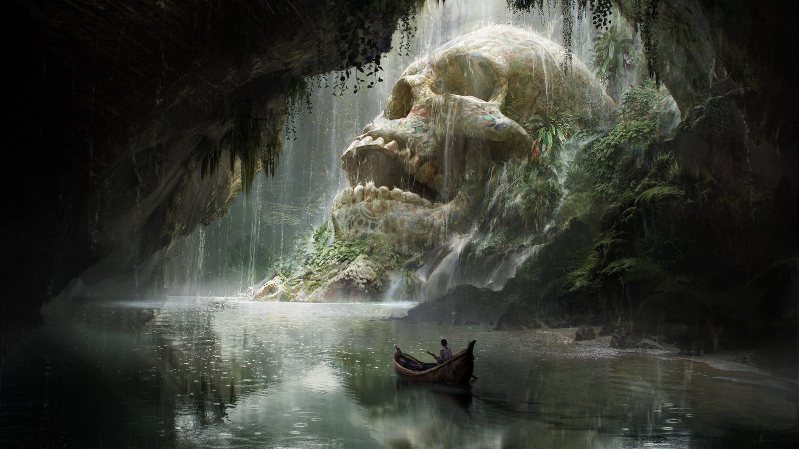 skull island character riding boat game application man on near white movie scene 2k