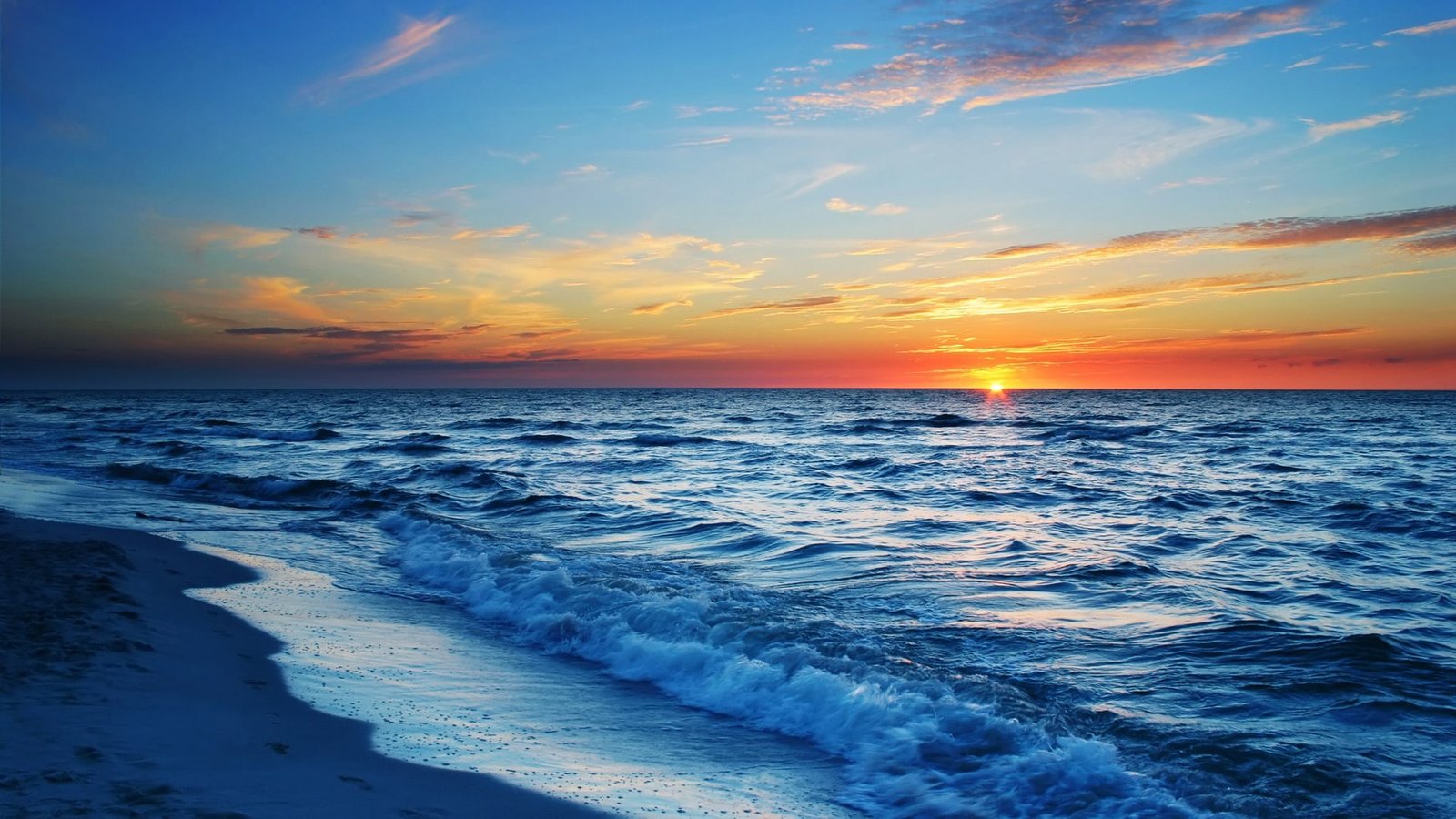Sunset sea beach waves blue orange sky 2k