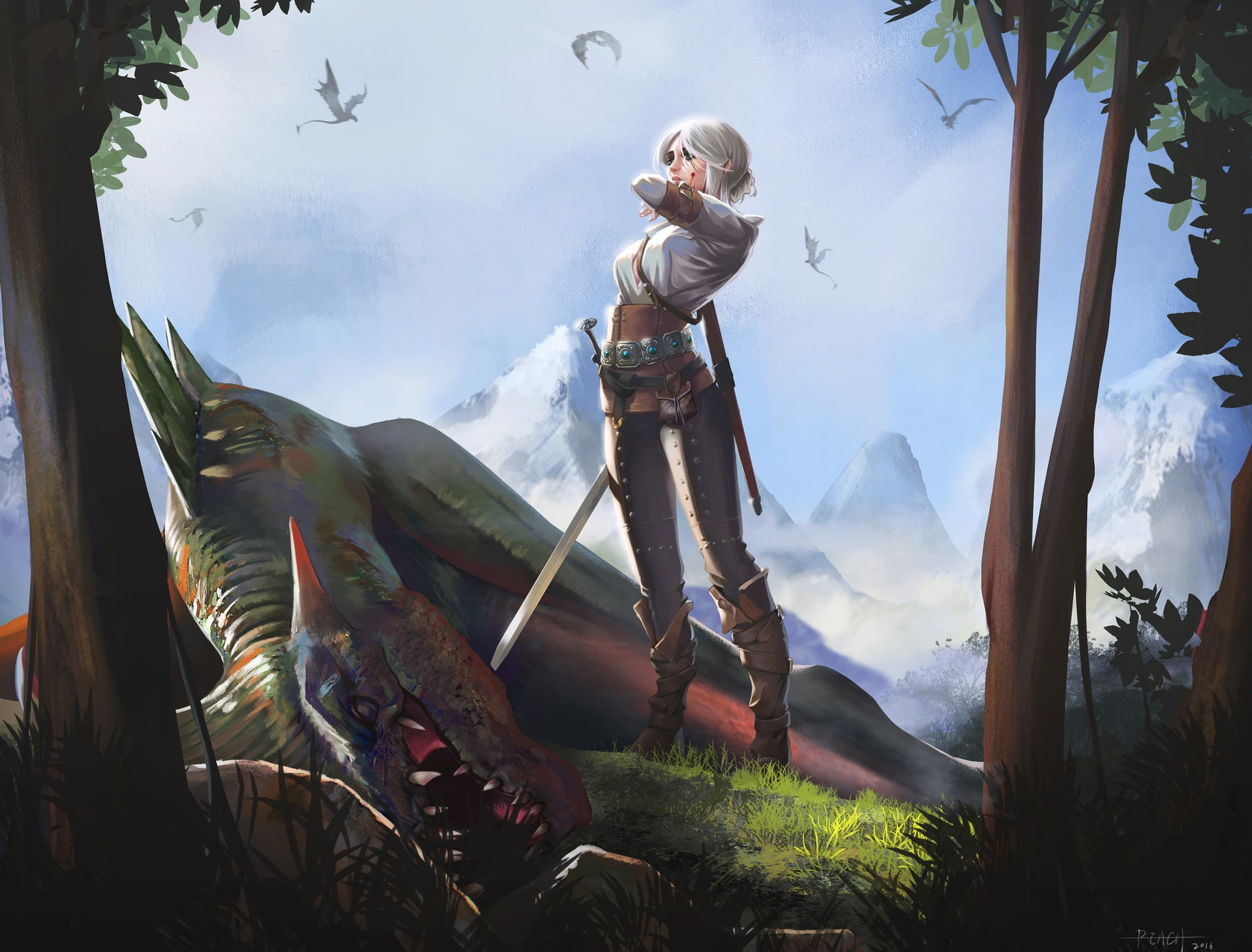 the witcher 3 wild hunt ciri white hair sword creature 2k