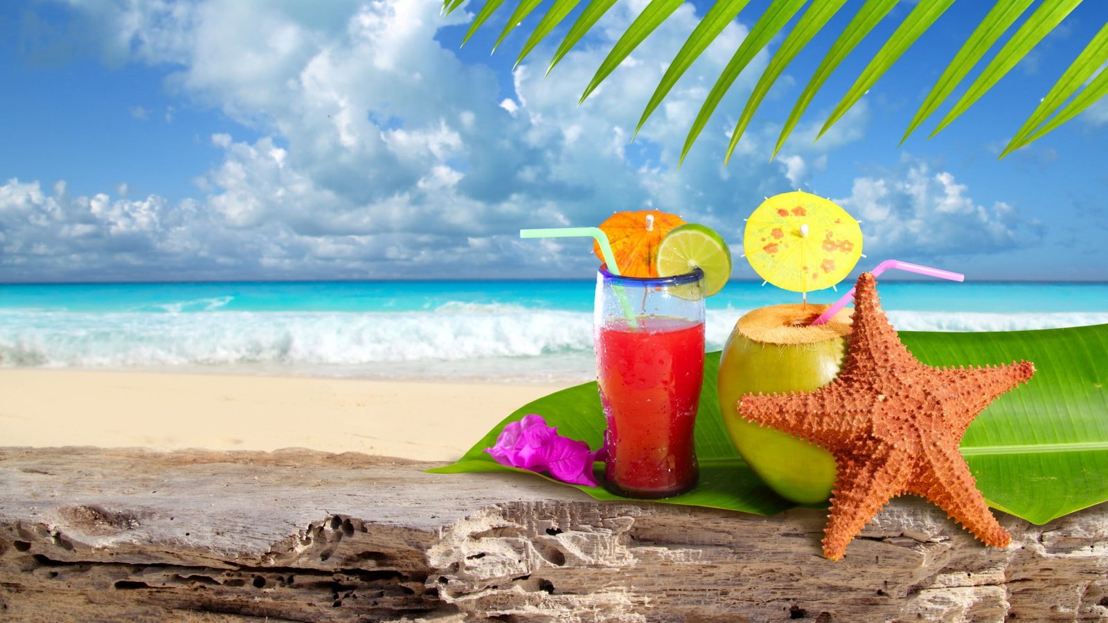 Tropical sea starfish beach lemon sky summer leaves fruit juice drinks Landscape clear drinking glass 2k