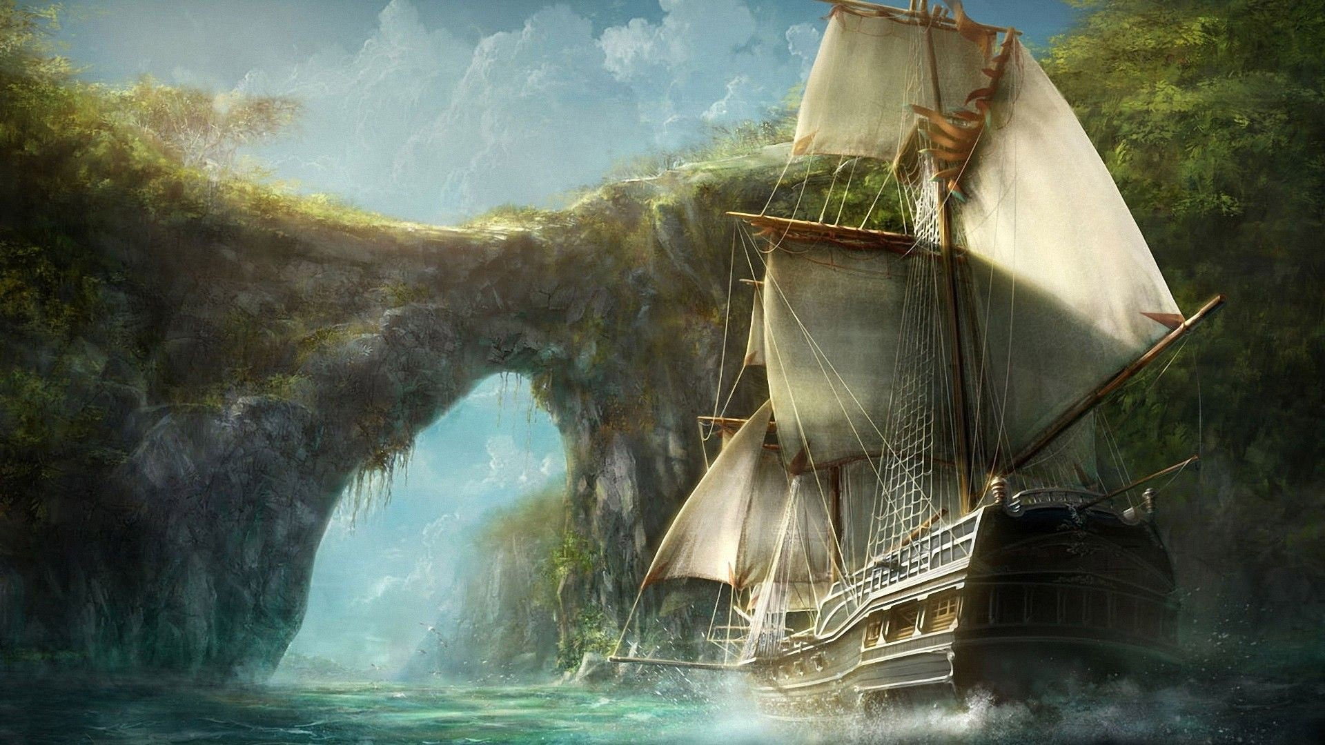 white and brown galleon ship illustration old rocks water 2k