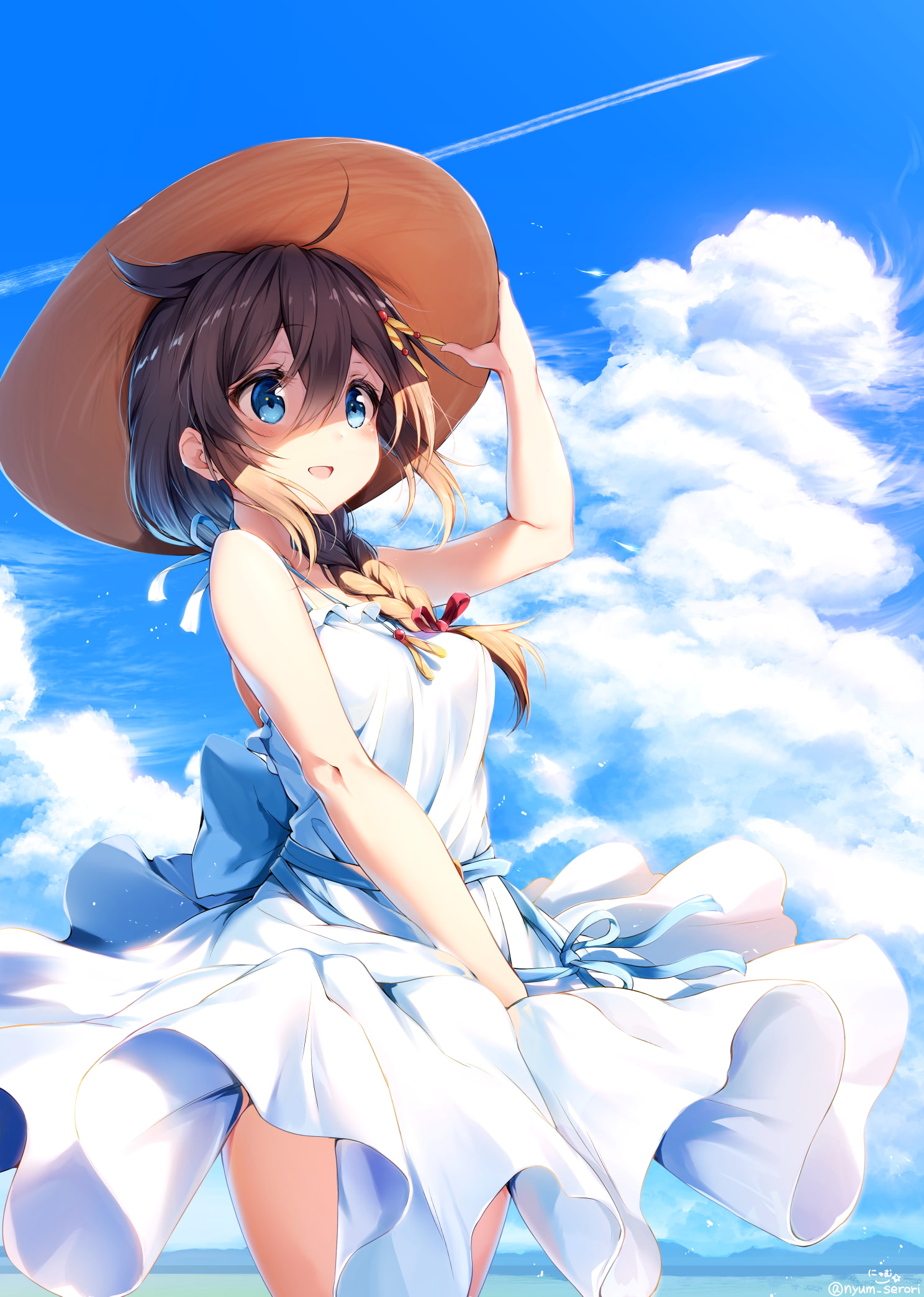 anime girls long hair beach smiling dress sky clouds