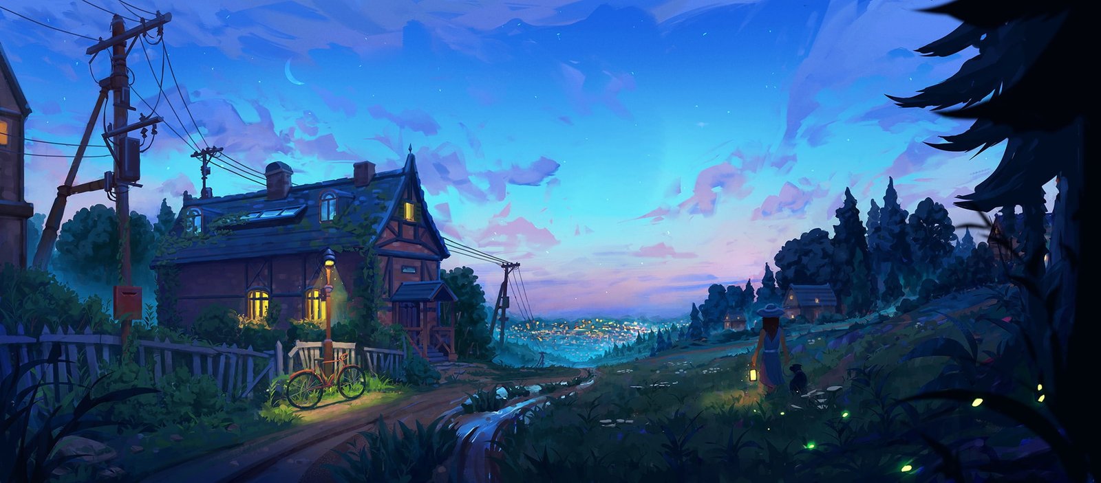 city lights girl moon forest bicycle twilight road Landscape 60 2k