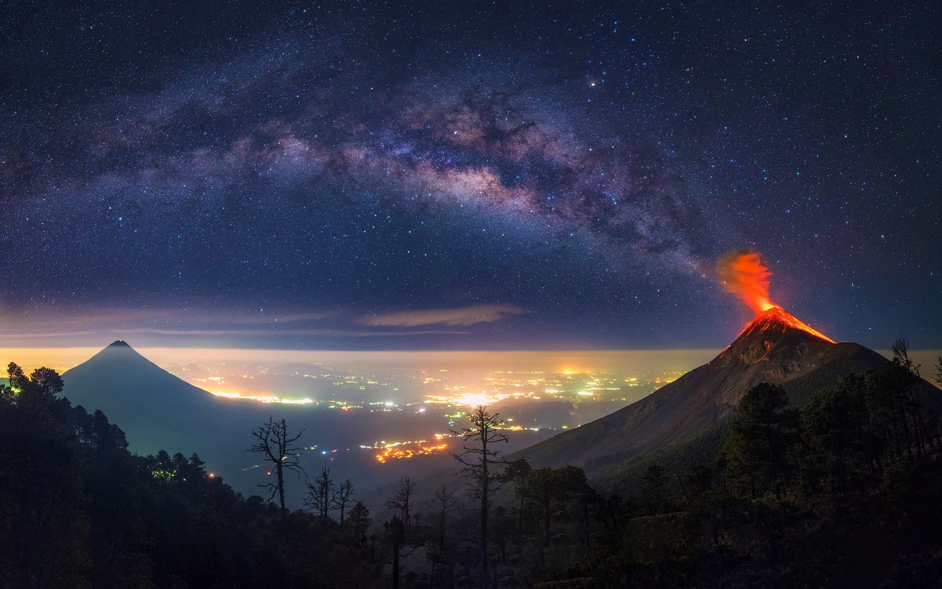 exploding volcano wallpaper Milky Way Guatemala nature space 2k