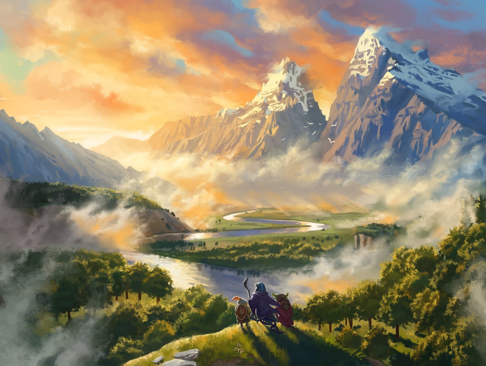 fantasy forest river sky trees landscape nature sunset 2k