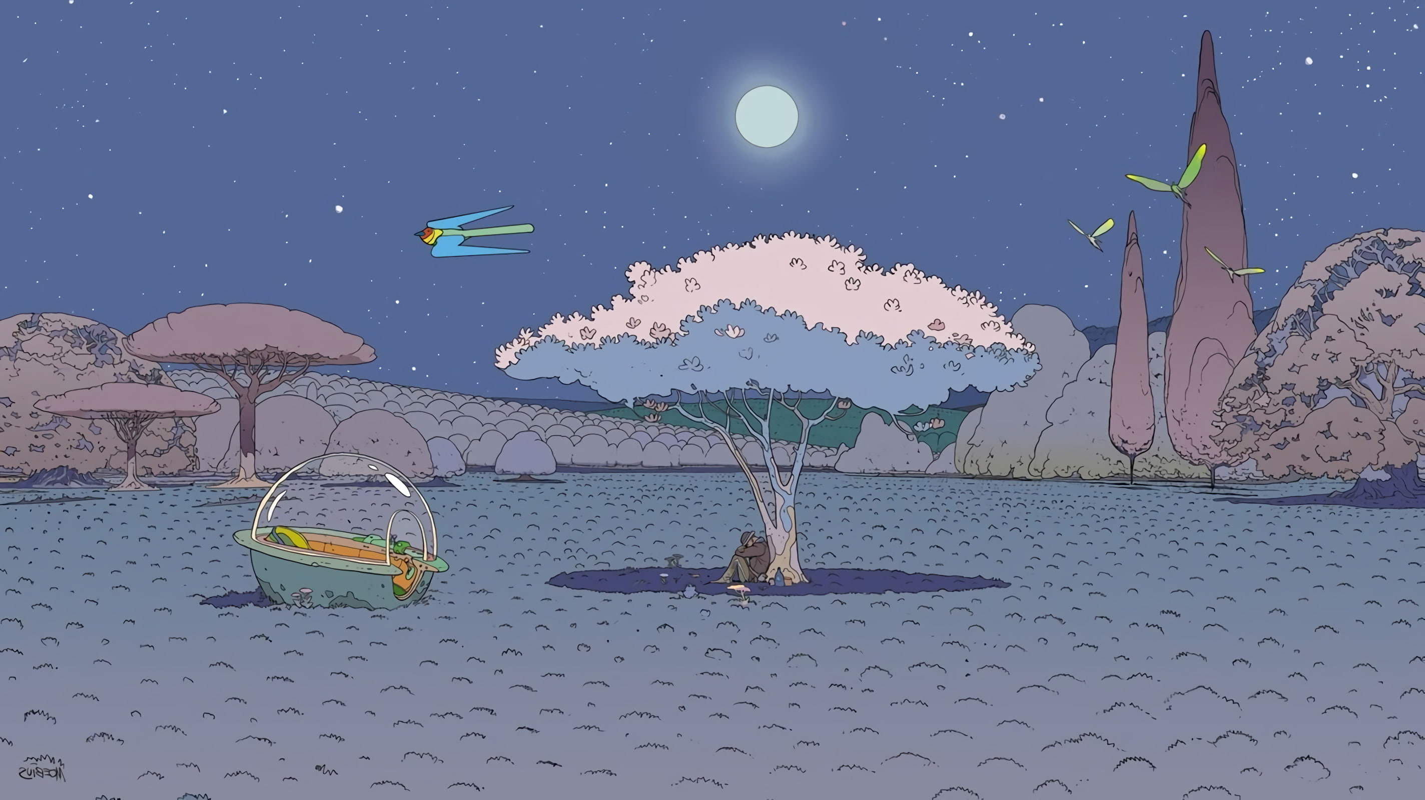 moebius science fiction digital art artwork night birds trees landscape nature 2k
