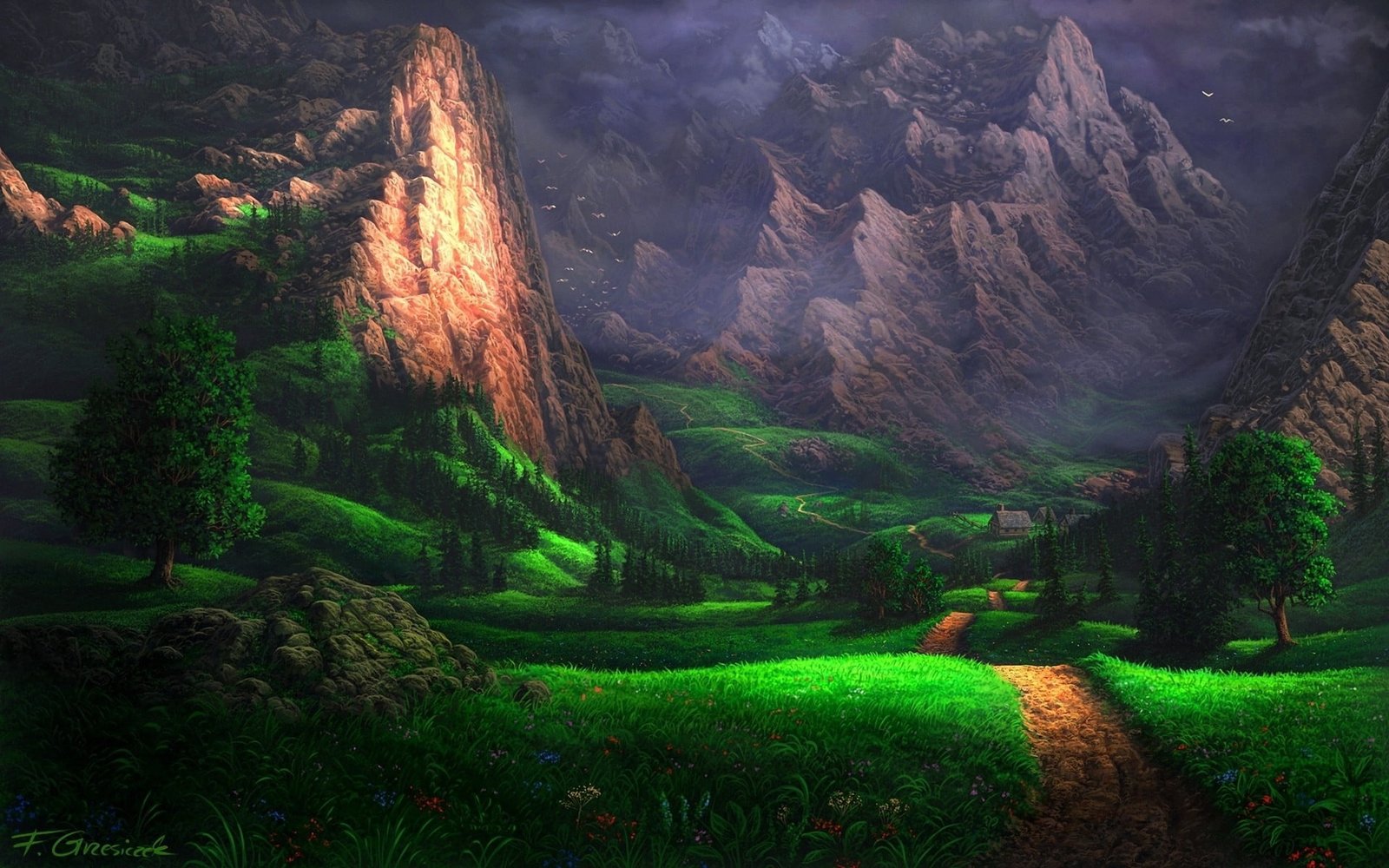 mountain and trees illustration digital wallpaper of narrow road 69 2k