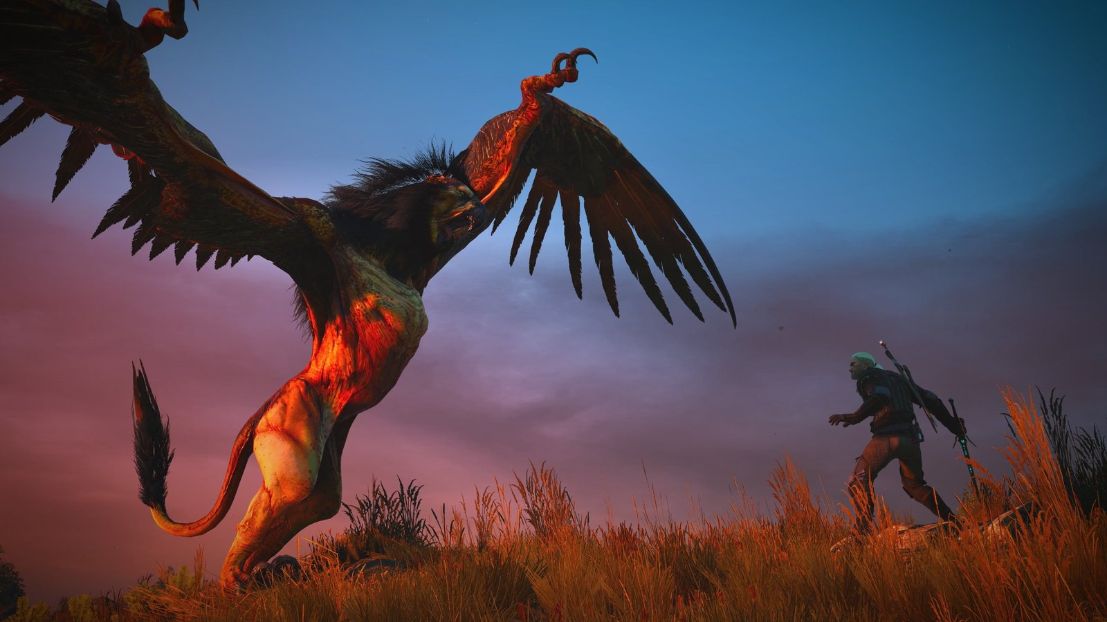 person standing front of monster digital wallpaper The Witcher 3 Wild Hunt 2k