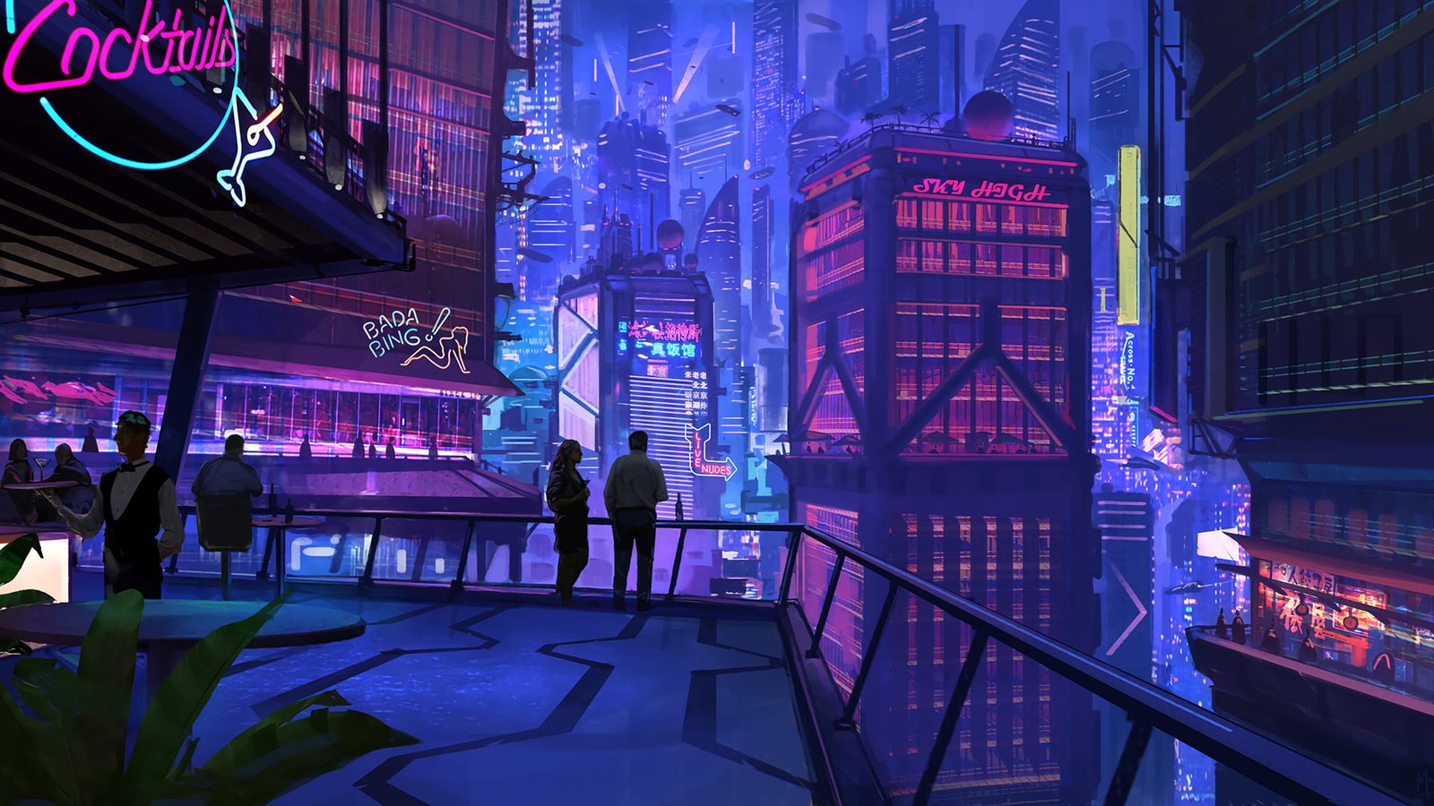 pink and gray animated buildings illustration group of person standing in front neon building 2k