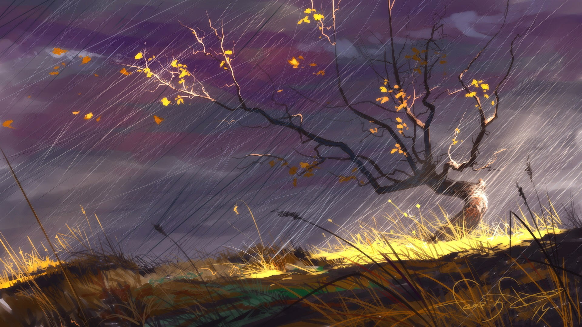 rain wallpaper digital art drawing landscape nature forest 2k