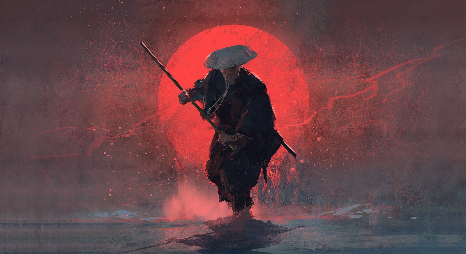 samurai painting man wearing suit and hat holding sword 2k