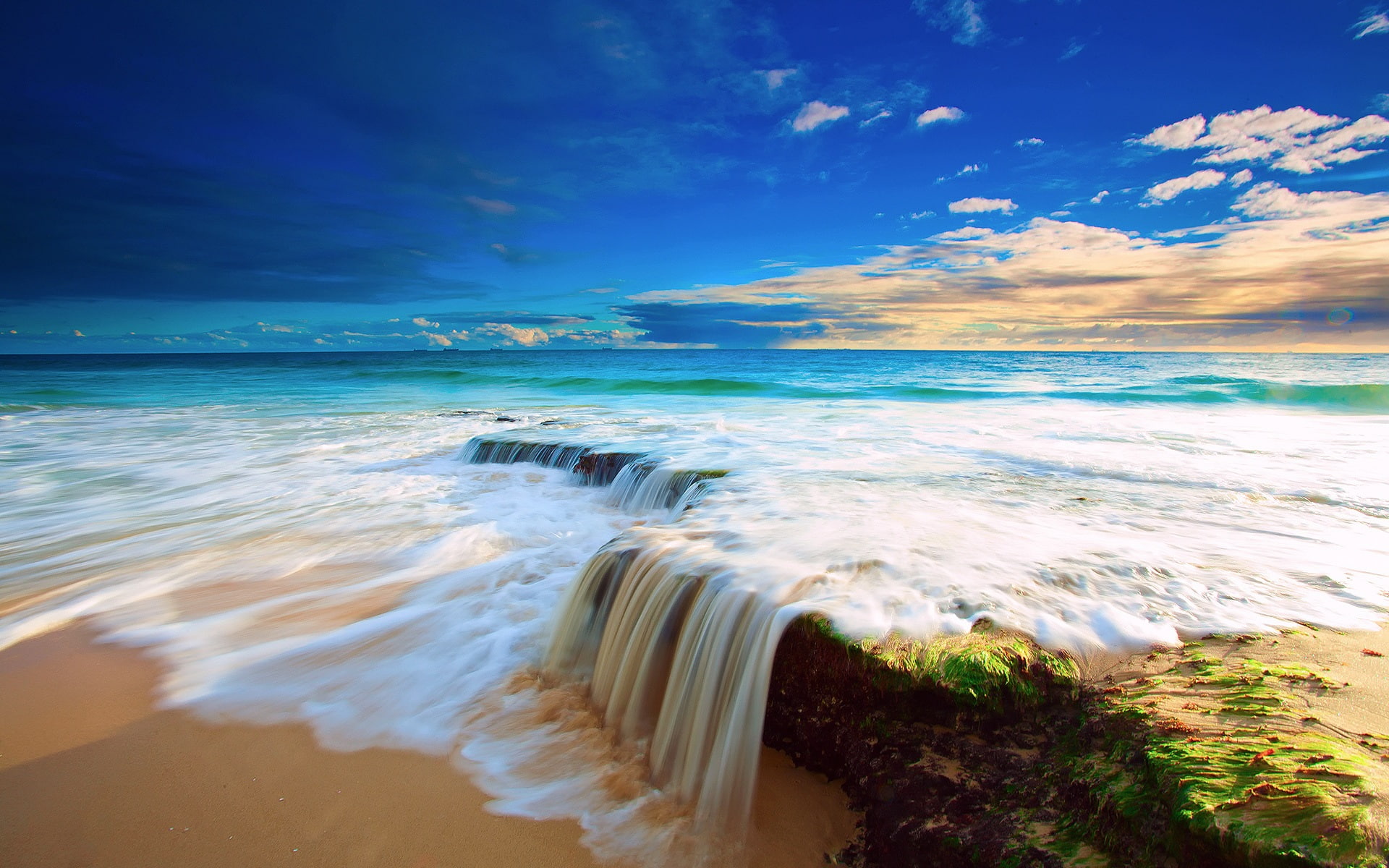 Sea sky clouds beach water flow waterfall beautiful scenery 2k