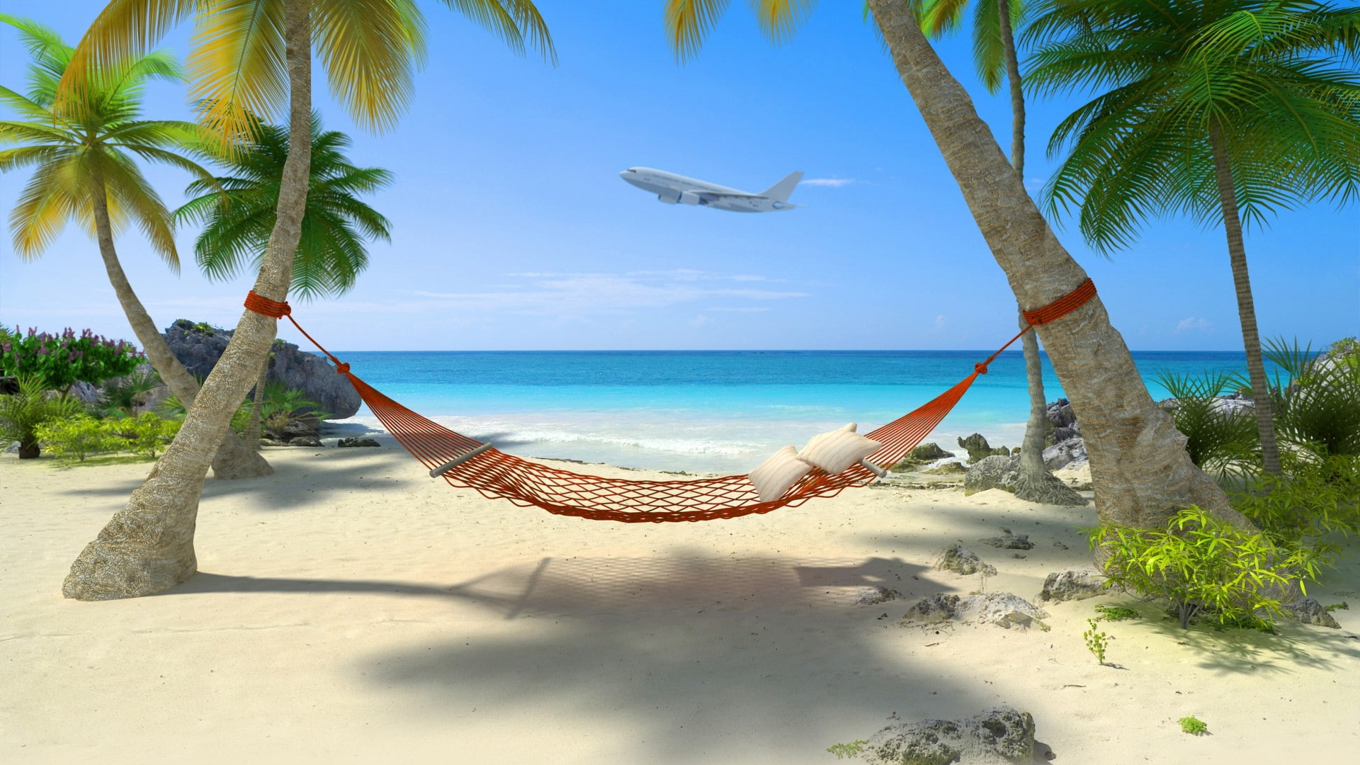 Seaside scenery coconut trees hammocks blue sea sky aircraft beach 2k