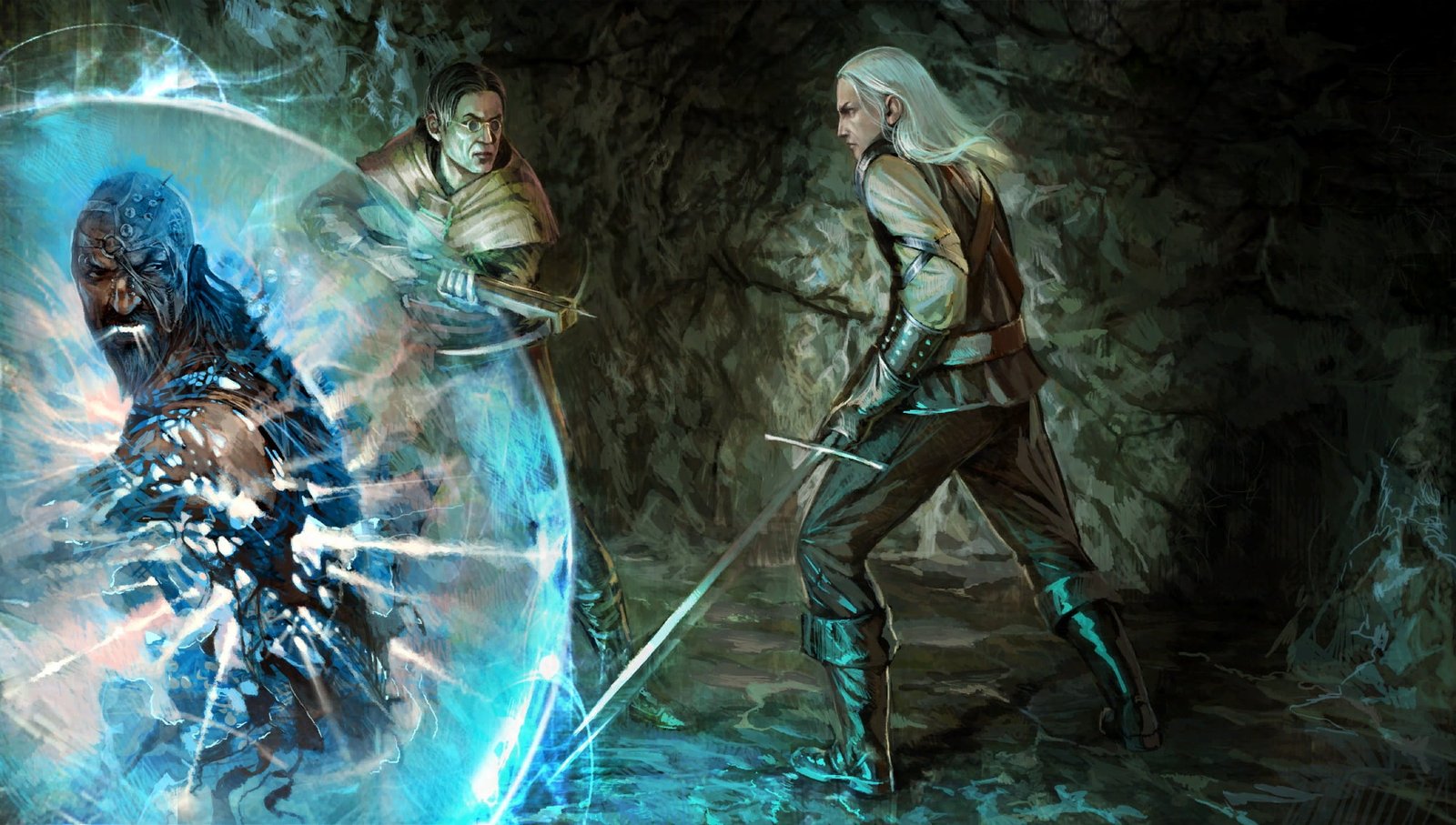three men wallpaper the witcher warlock sorcerer cave crossbow 2k