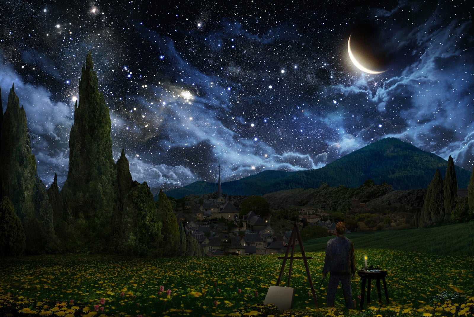 man beside canvas with view of flower field under starry sky painting 2k