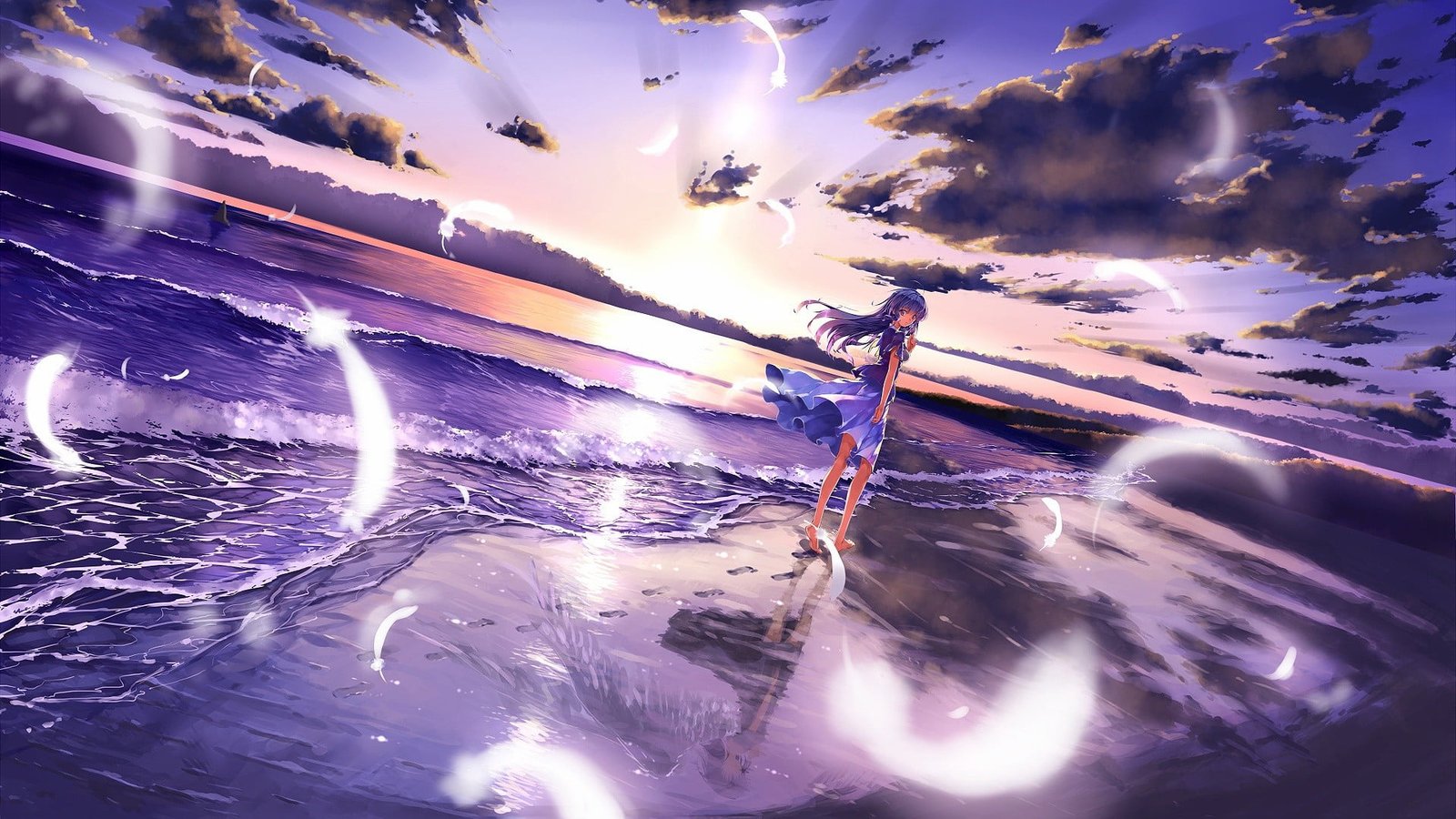 anime girls original characters beach cloud sky water 2k