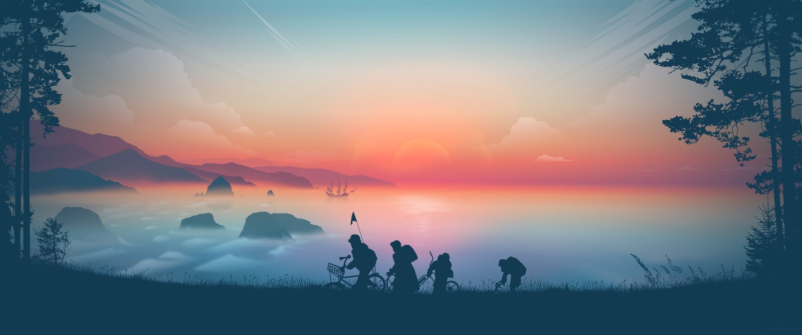artwork digital art The Goonies sunset clouds mist Pirate ship 2k 4k 5k
