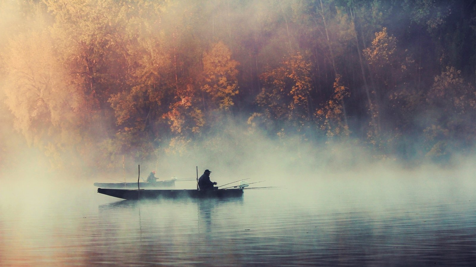 black boat and trees two men riding on boats fishing nature 2k