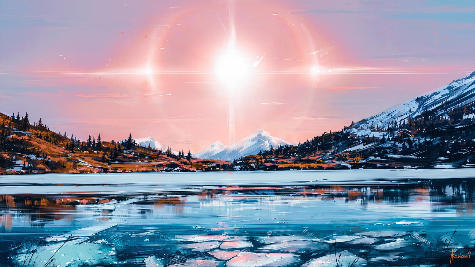 body of water Sun mountains landscape sky Aenami river 2k
