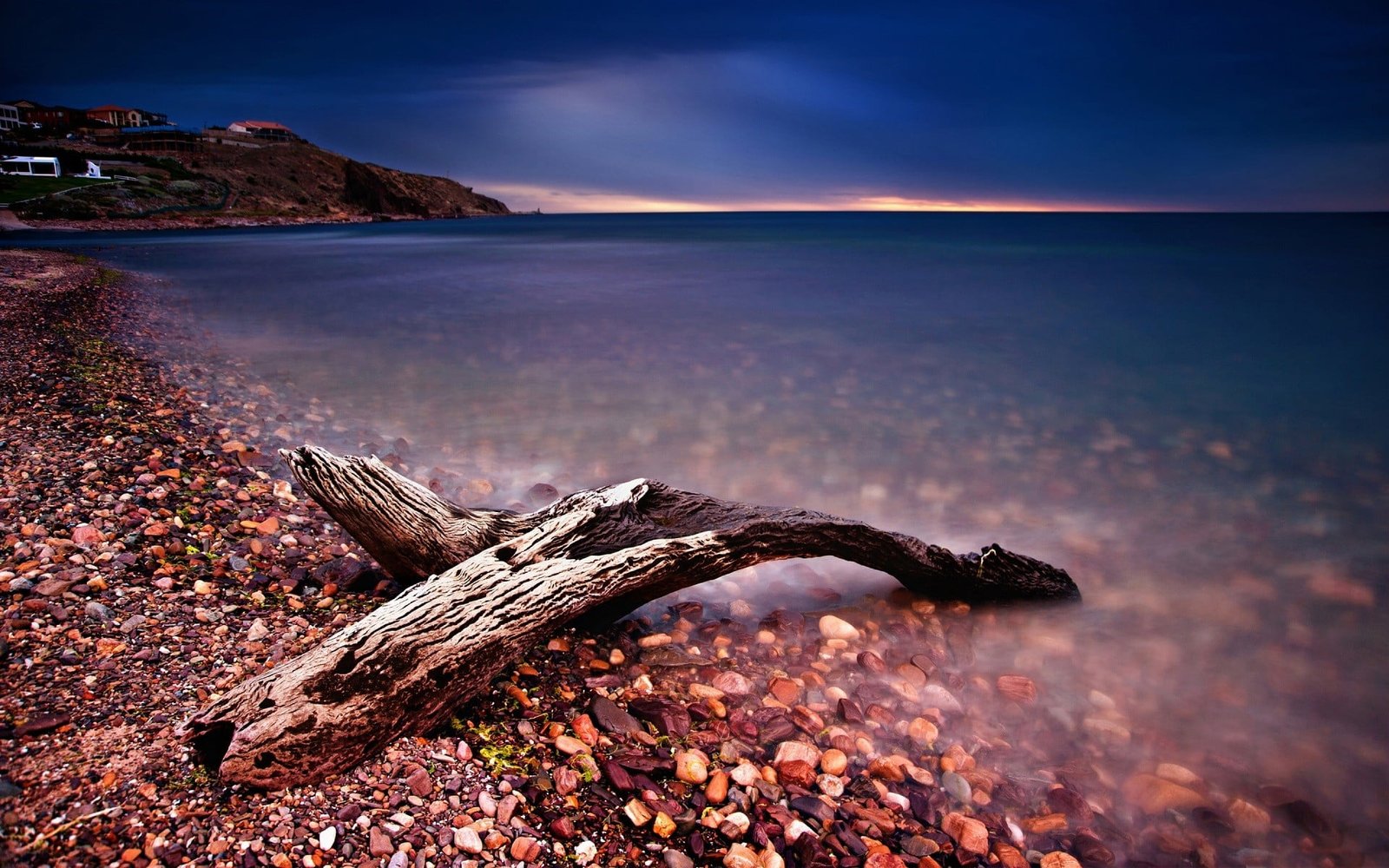 gray drift wood nature sea stones sunset clouds beach pebbles 2k