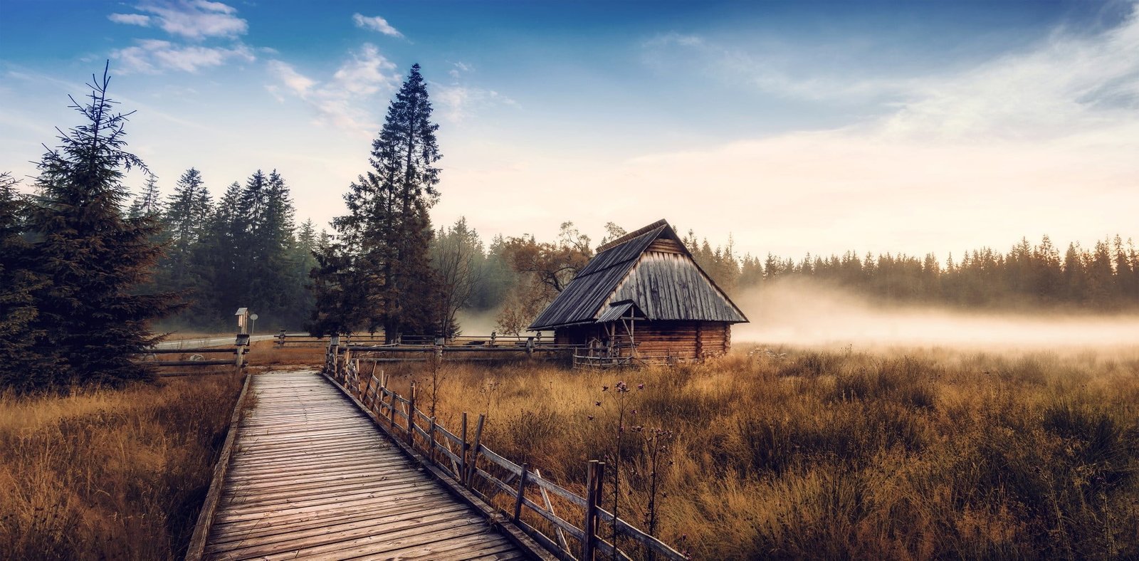 house near trees nature landscape cabin mist fall forest 2k