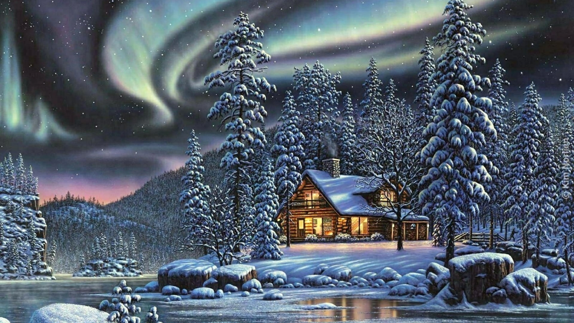 log cabin painting house cottage pine frost evening christmas 2k