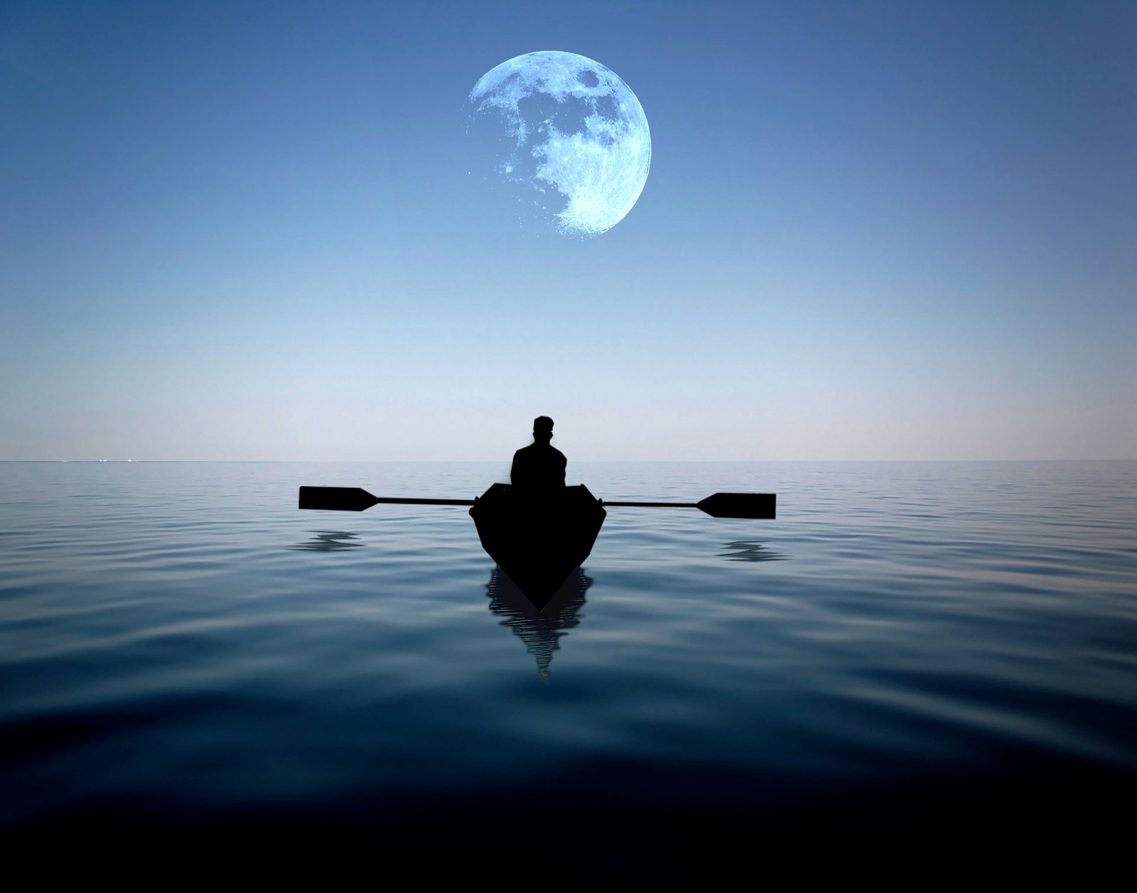 man riding on a boat alone in the sea with moon hovering above at night 2k 4k