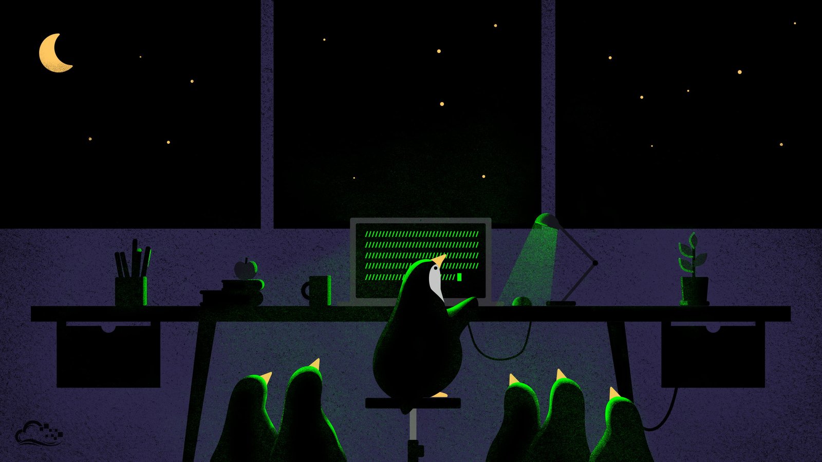 penguins near black desk illustration digitalocean night computer 2k