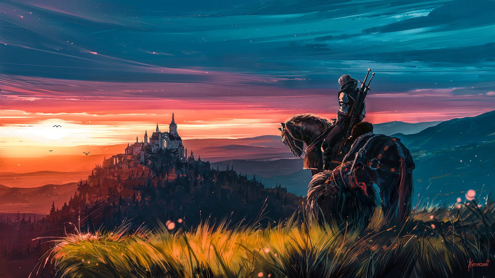 warrior horse painting sky Aenami video games The Witcher 2k