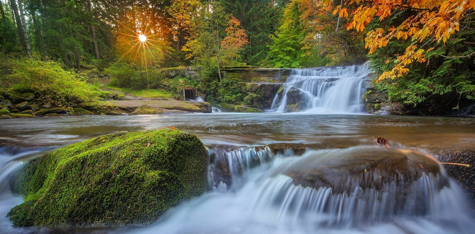 water falls nature landscape waterfall moss forest sunset 2k