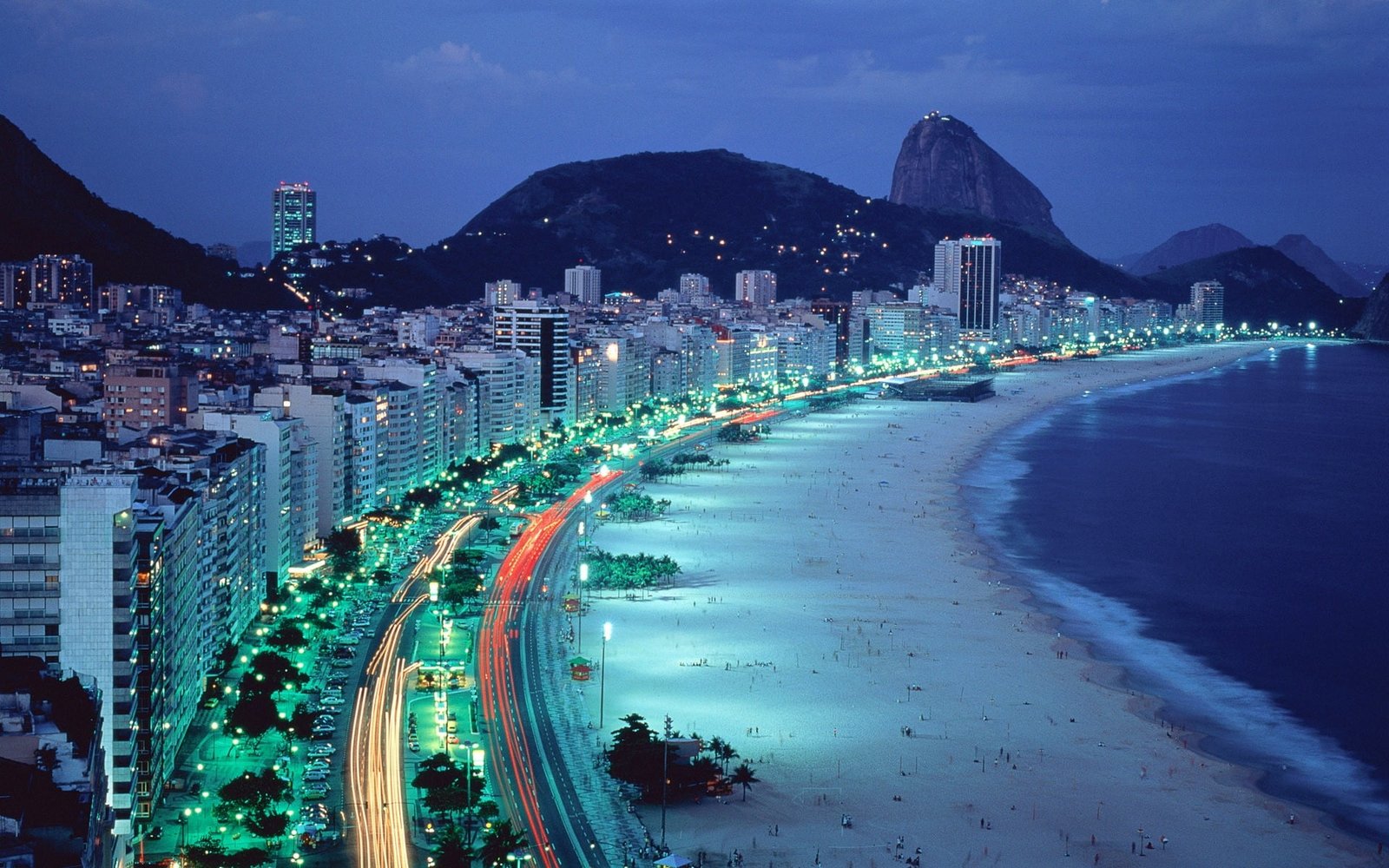 white beach Rio de Janeiro Brazil mountains lights night 2k