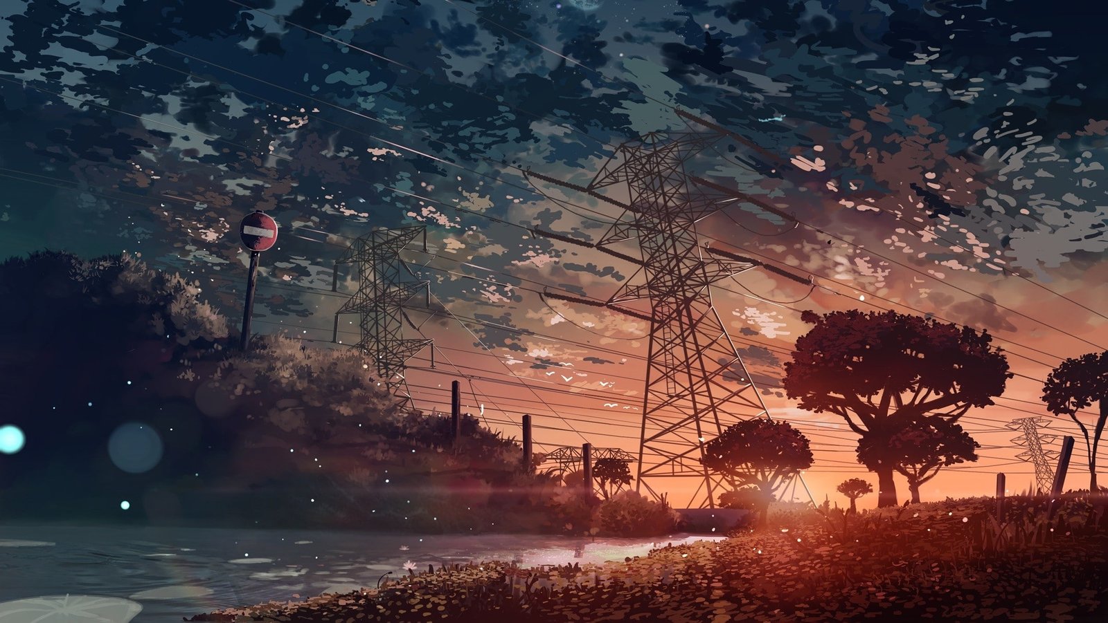anime landscape scenic stream sky clouds 2k