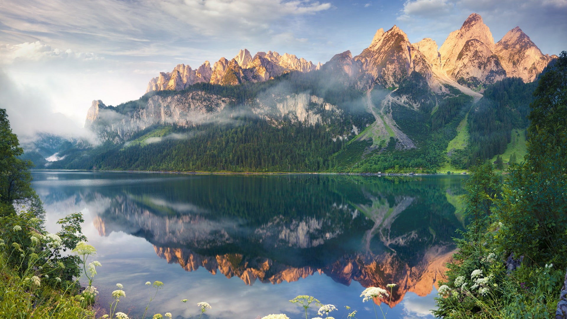 bank upper austria vorderer gosausee europe alps morning 2k
