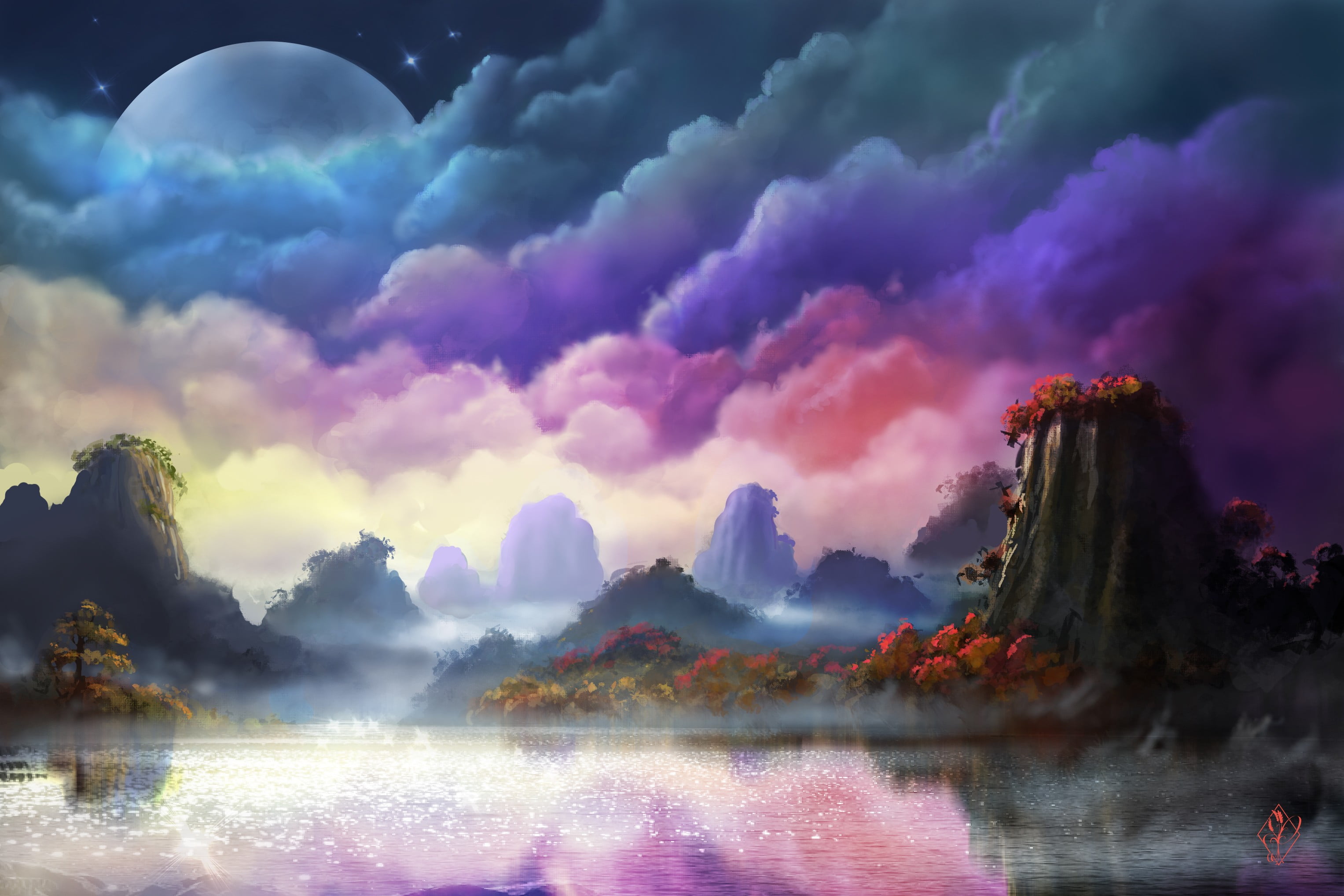 body of water near mountain digital wallpaper Moon landscape 2k