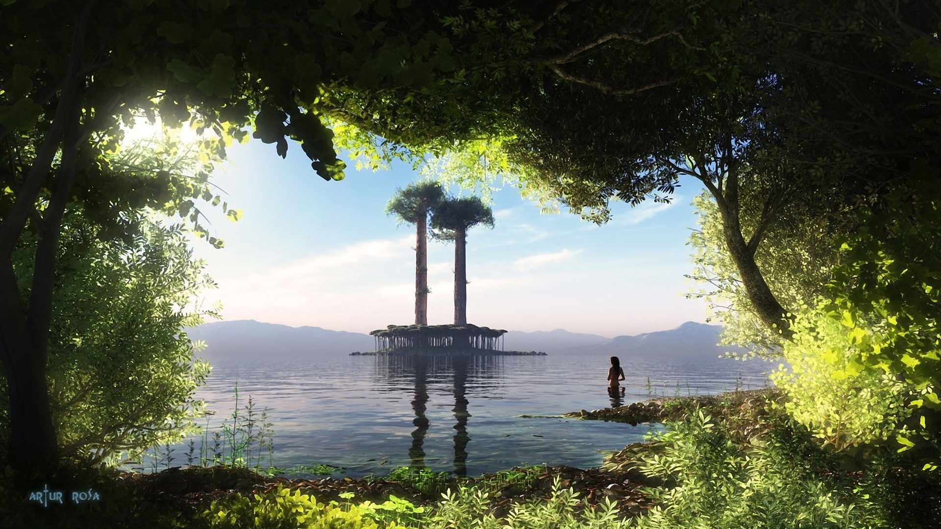 Creative arts nature paradise scenery lake island green leaves girl body of water and trees photo 2k