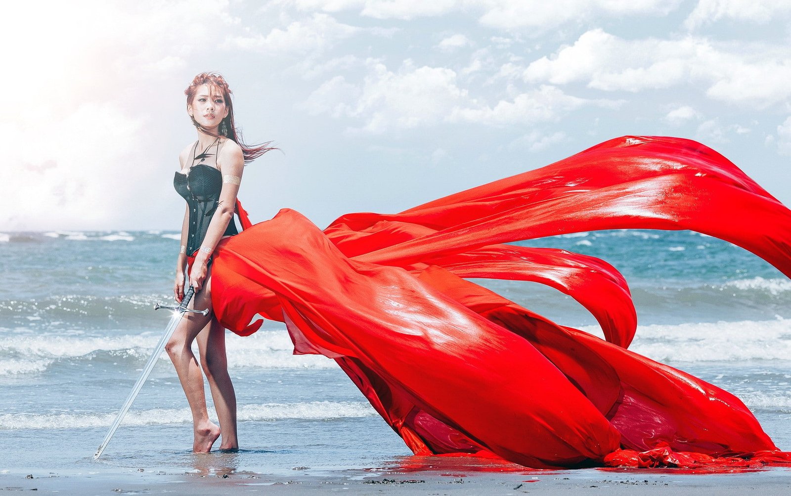 fantasy art girl Asian sword women sea beach 2k