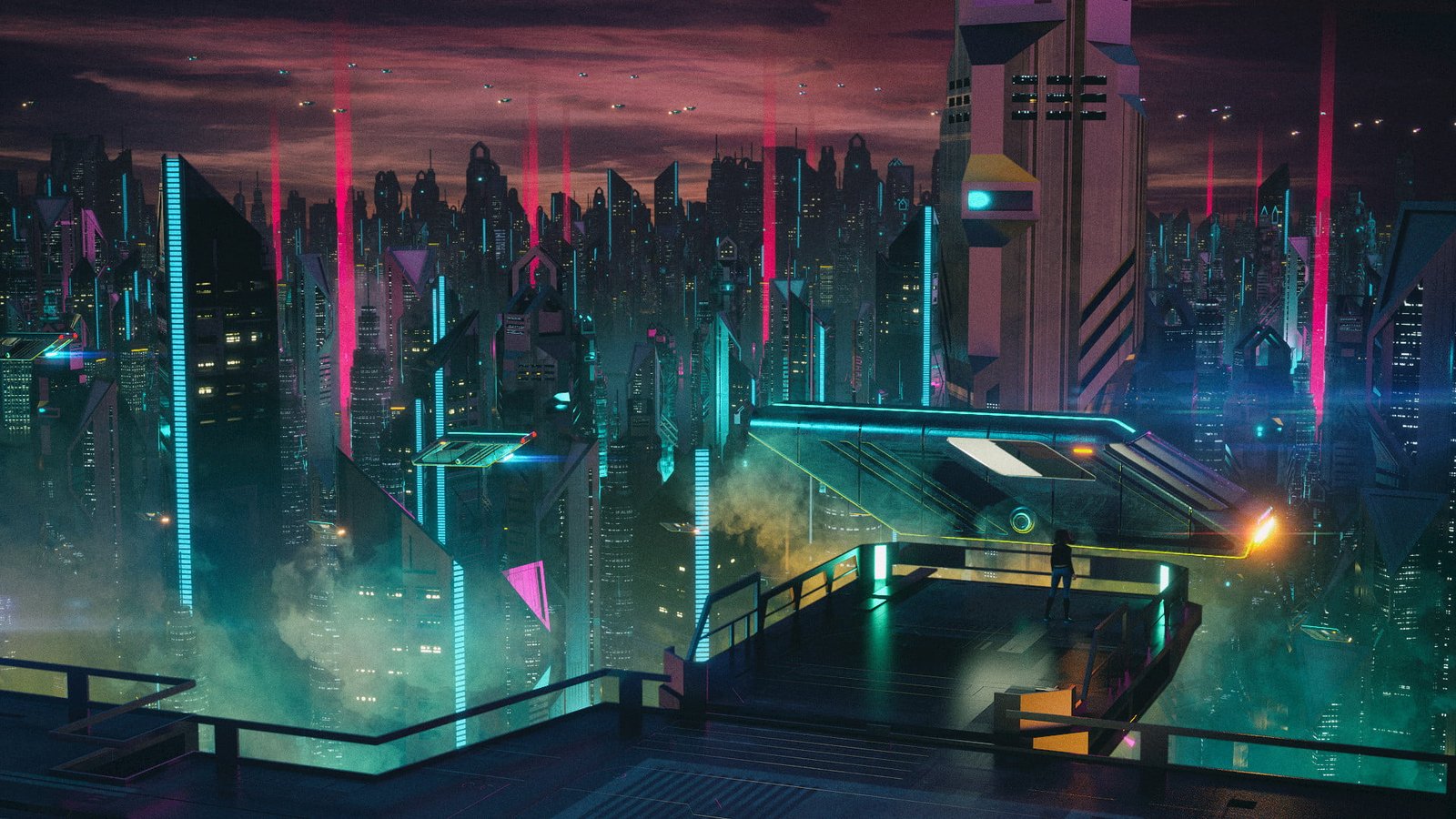 futuristic city illustration aniamted skyline science fiction 2k
