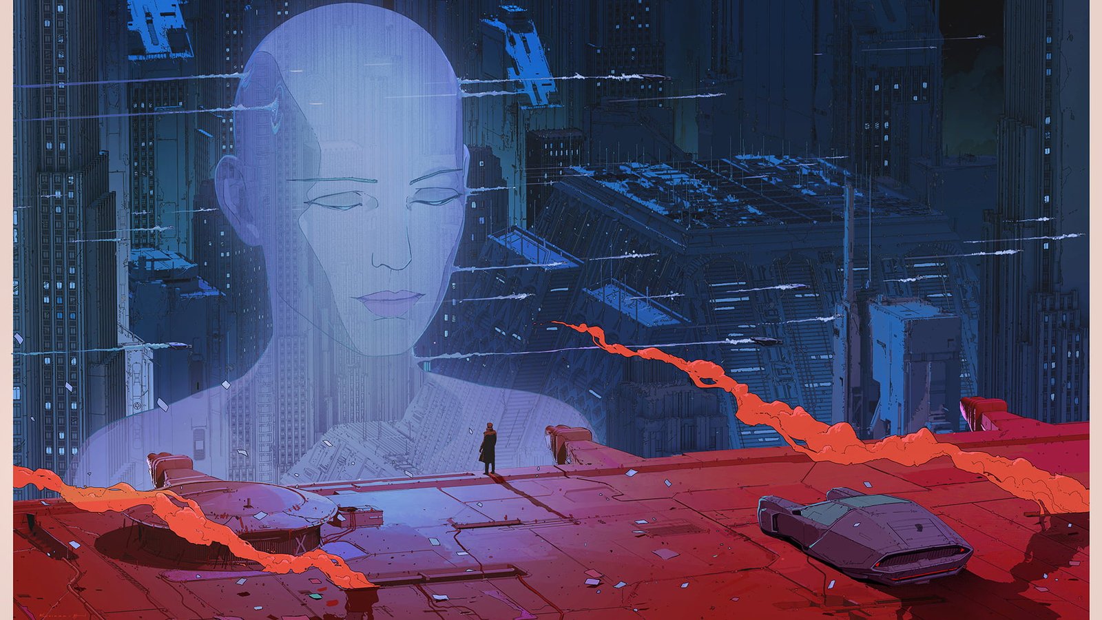 giant hologram of a woman digital wallpaper art Blade Runner 2k