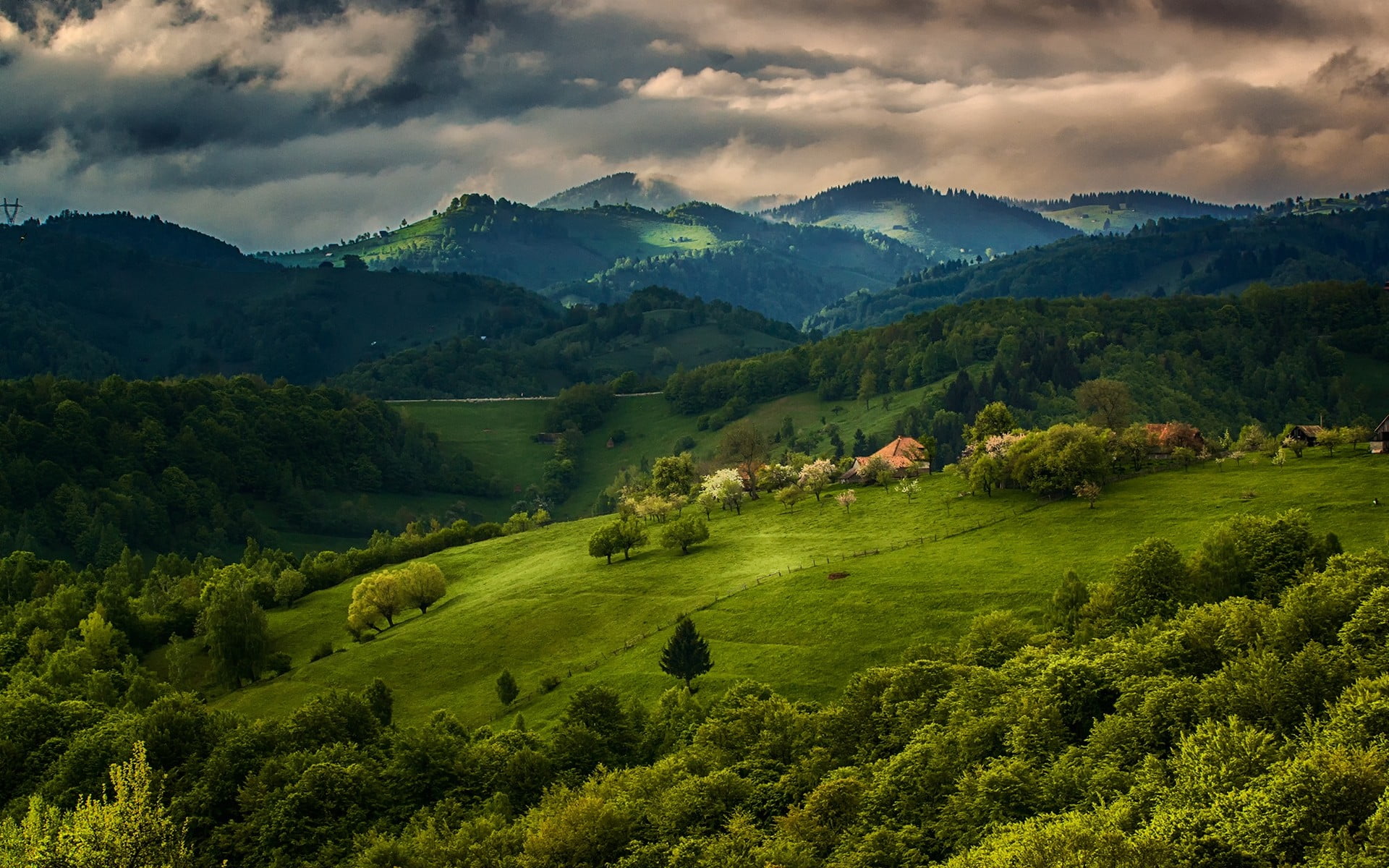 green field and mountains nature landscape spring forest 2k