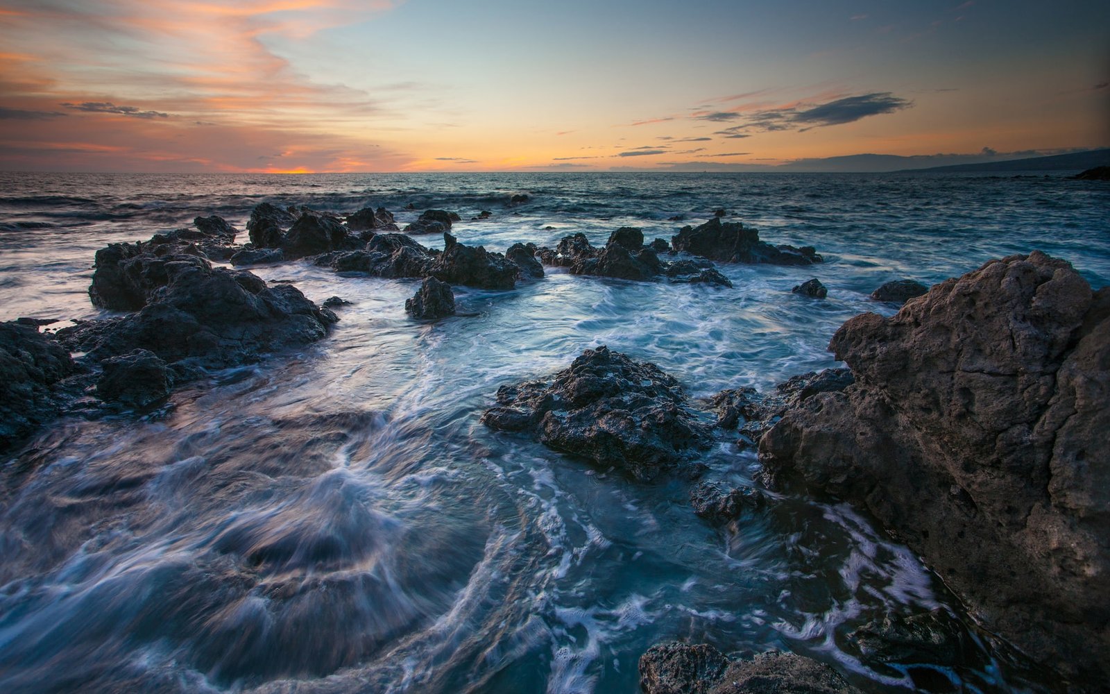 Hawaii scenery sea rocks sunset 2k