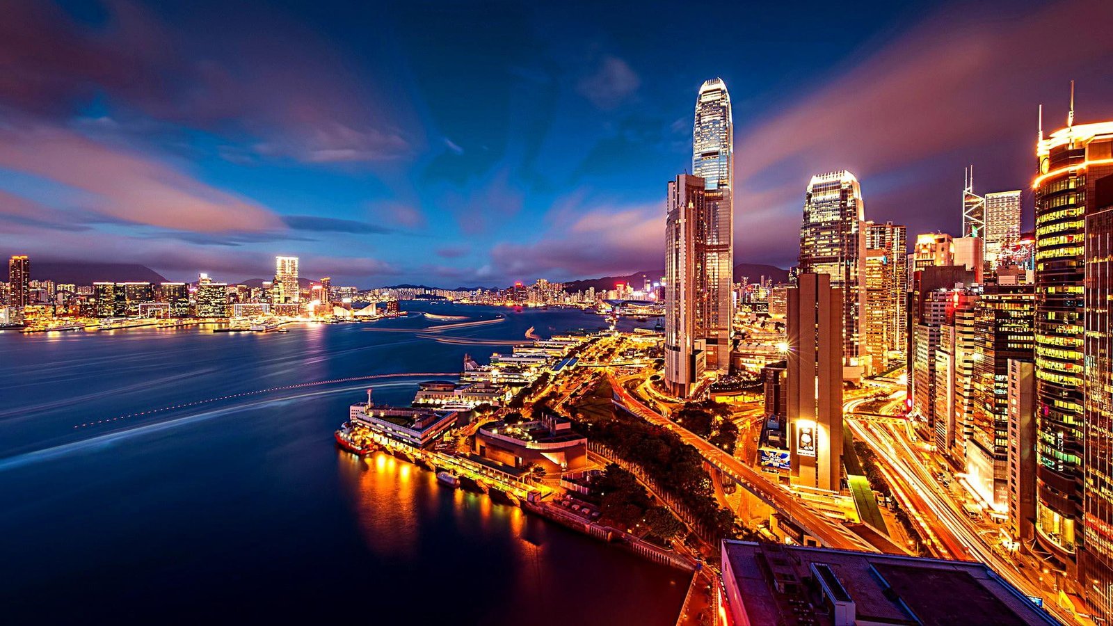 hong kong harbour night lights cityscape scenery city 2k