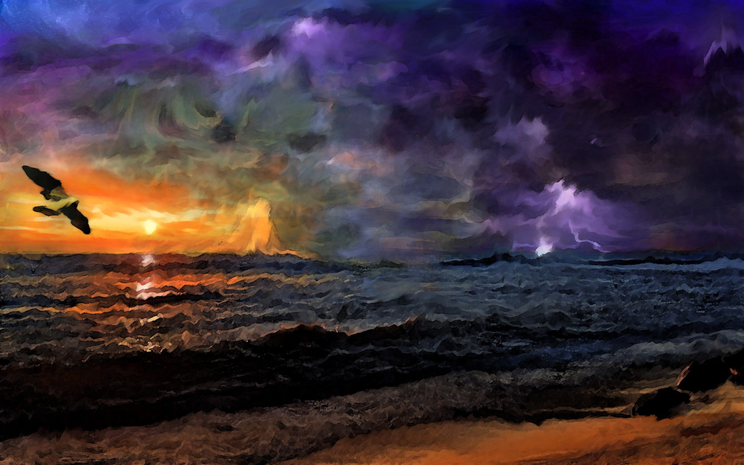 painting sunset storm birds beach motion sea water nature 2k