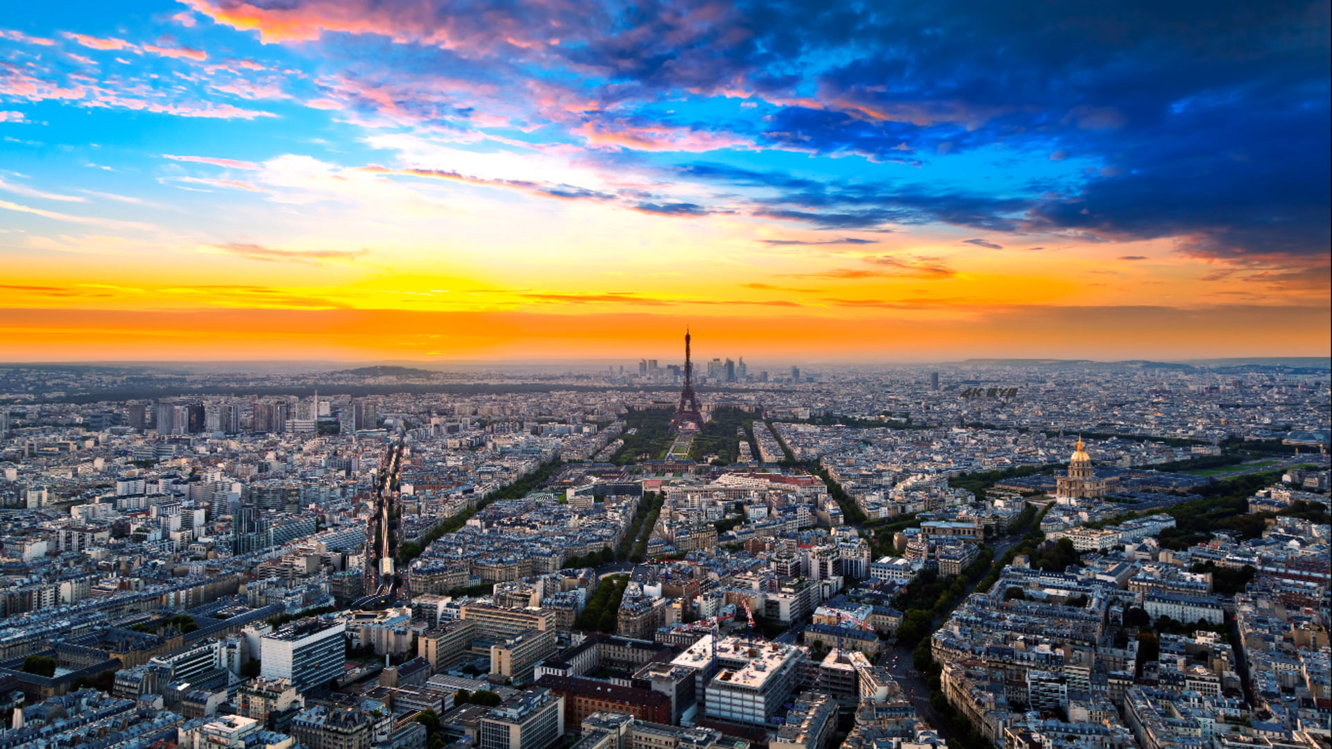 Paris France sunset clear sky clouds cityscape 2k