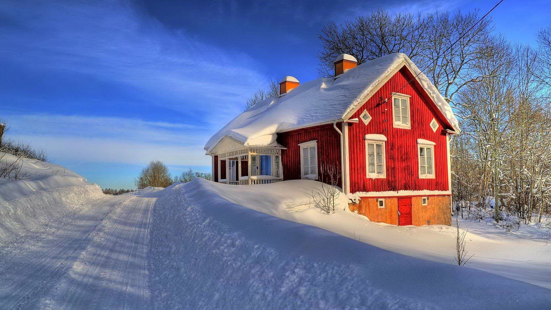 structural shot of red house on white snow field architecture 2k
