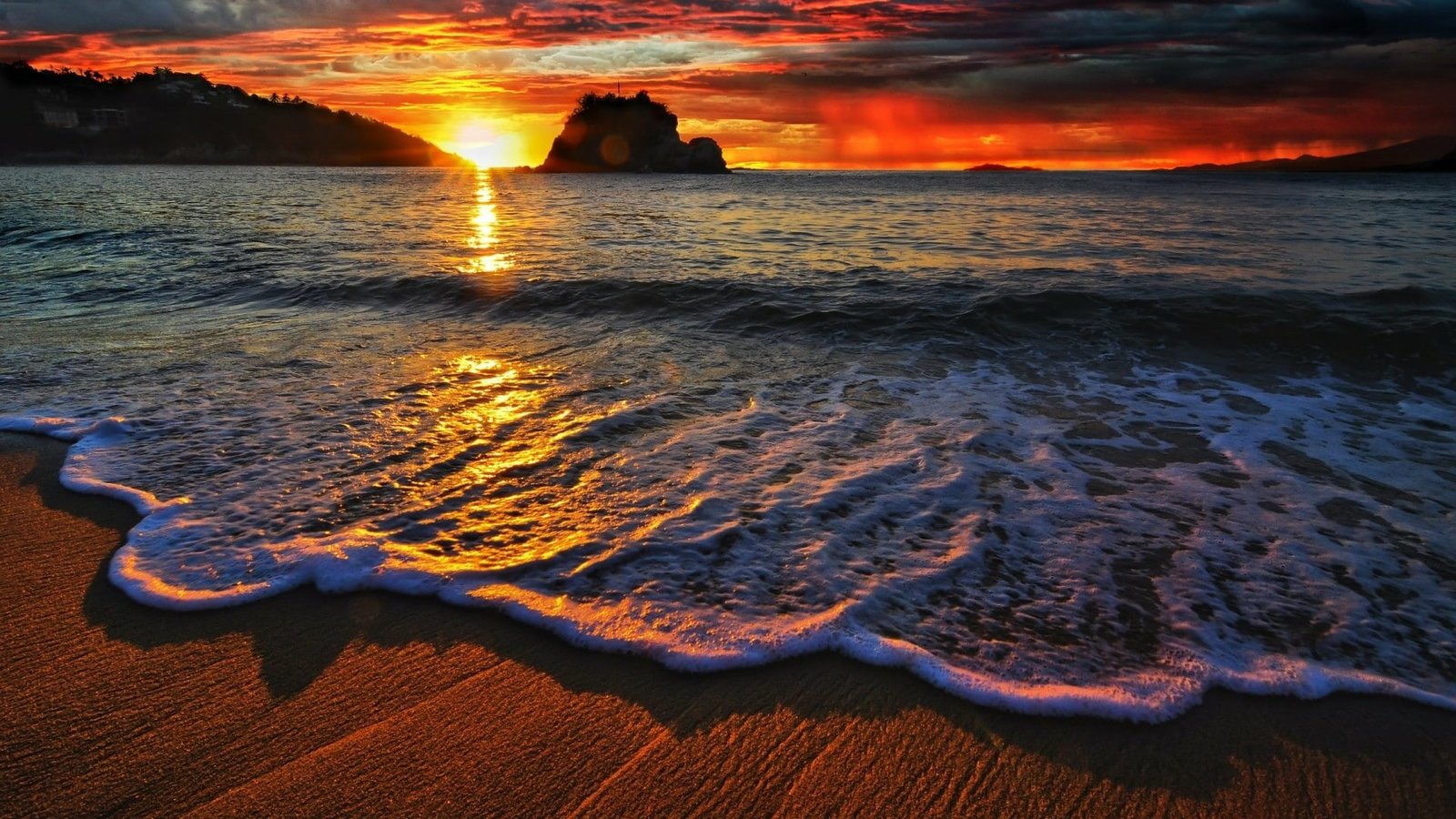 sunset beach sea foam horizon water sky wave ocean 2k