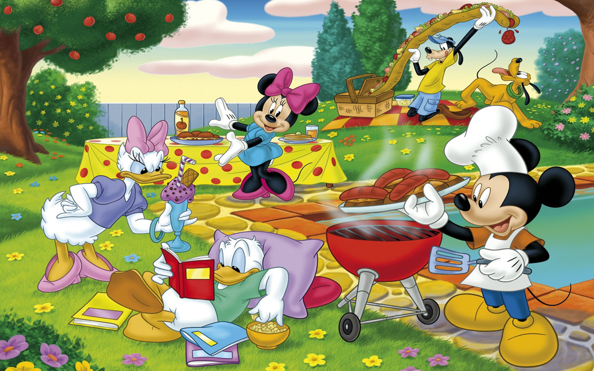 Picnic Outing In Nature Cartoon Mickey And Minnie Mouse Donald Duck Daisy Wallpaper Hd 2k