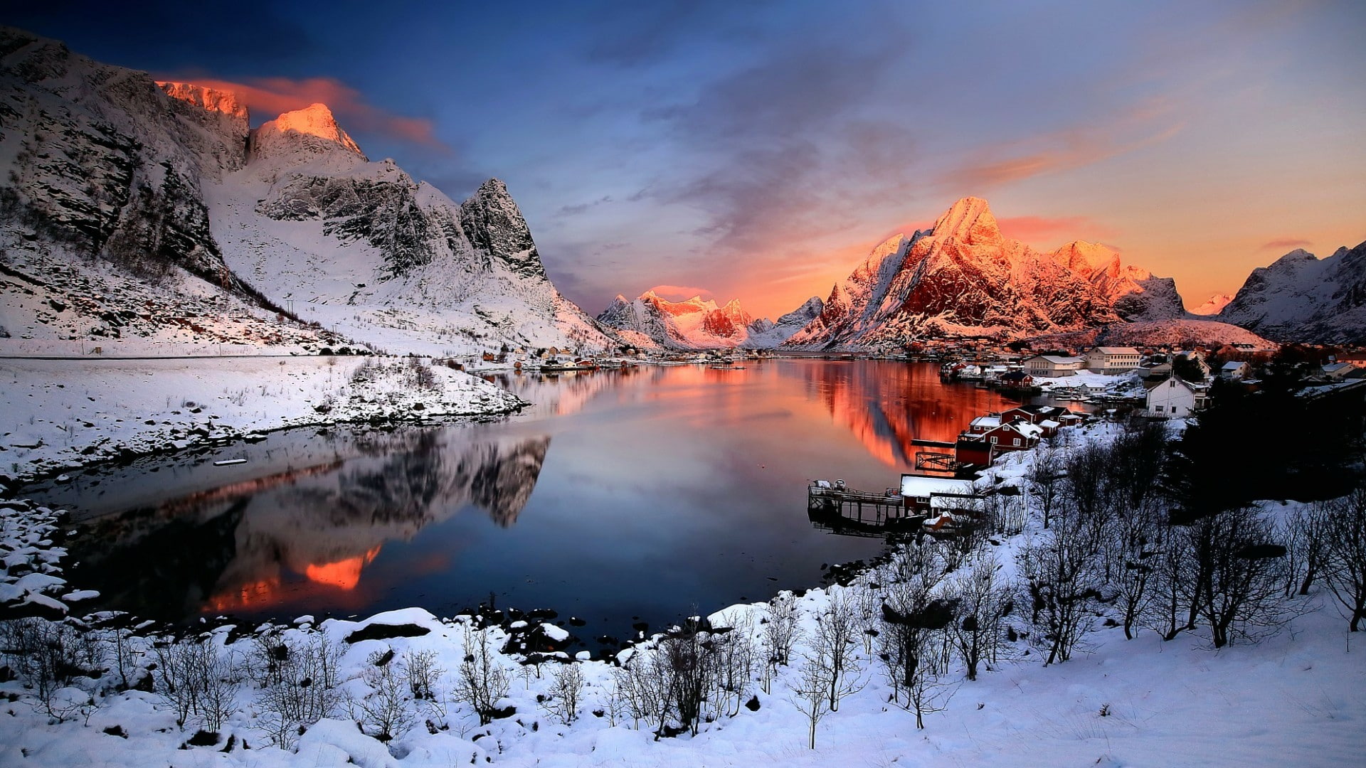 reine fishing village norway sunrise lofoten reinefjord 2k